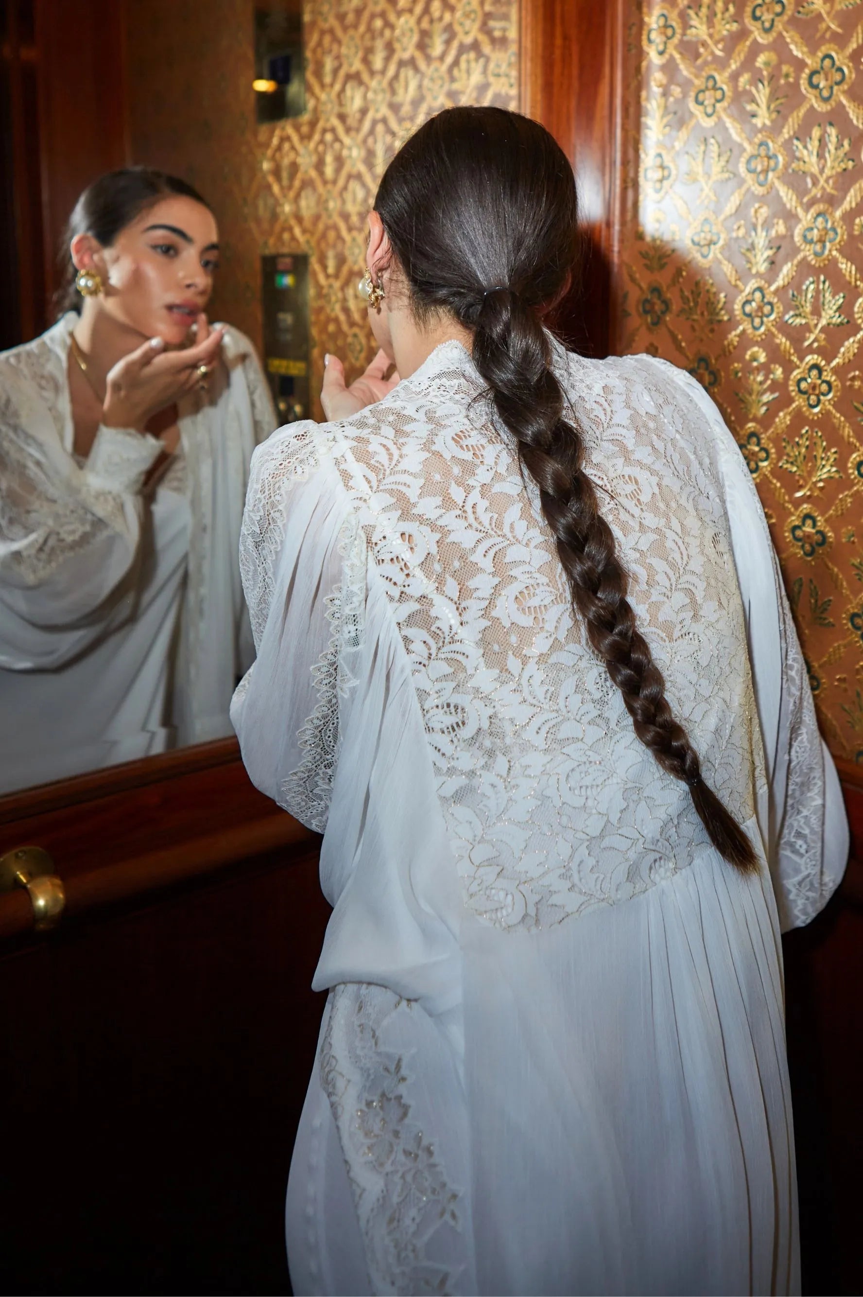 Ora - Long Silky Chiffon Robe Set - Golden Lace detail on White