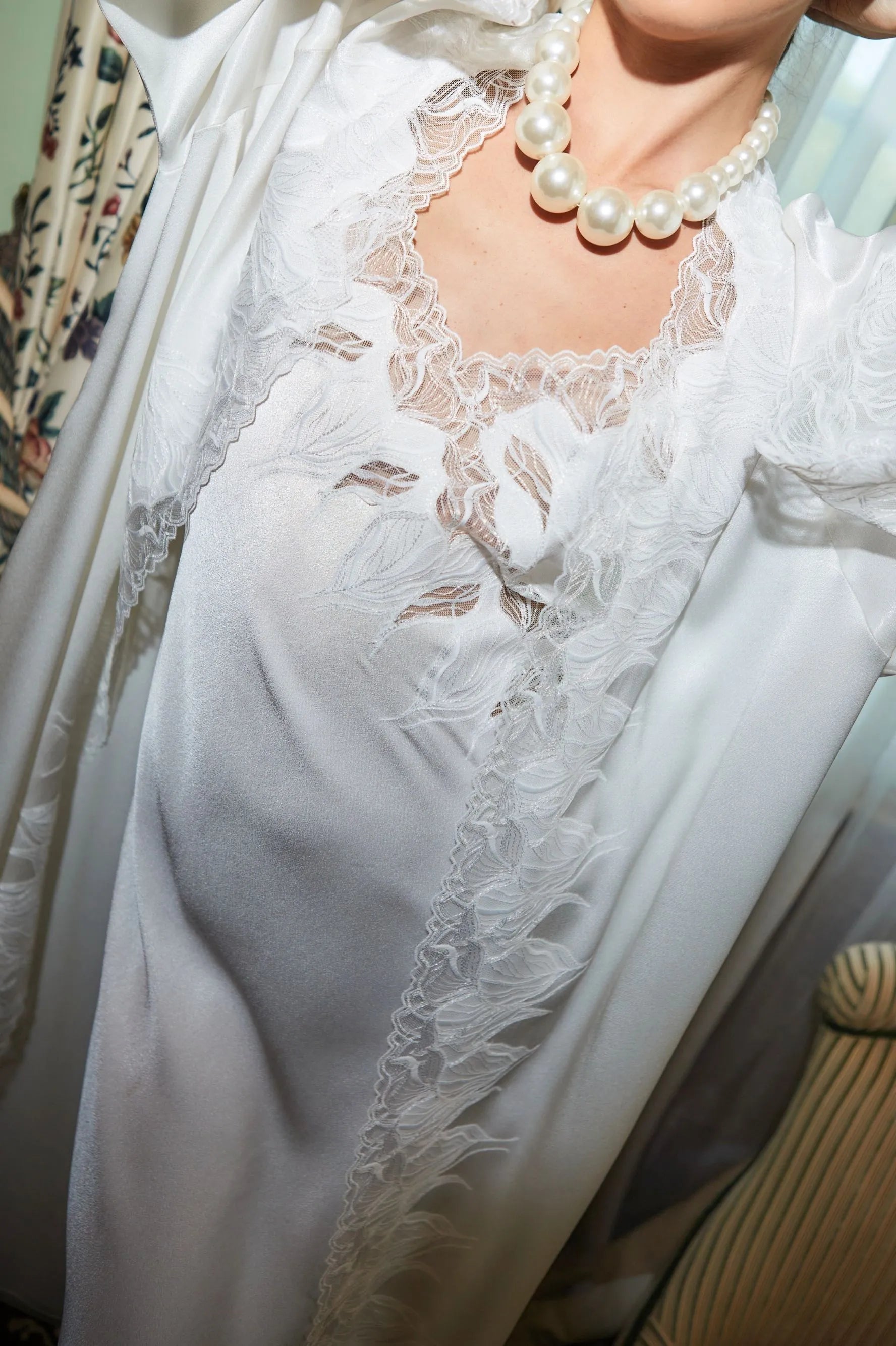 Lerna Long Rayon Robe Set with Long Nightgown - White on White