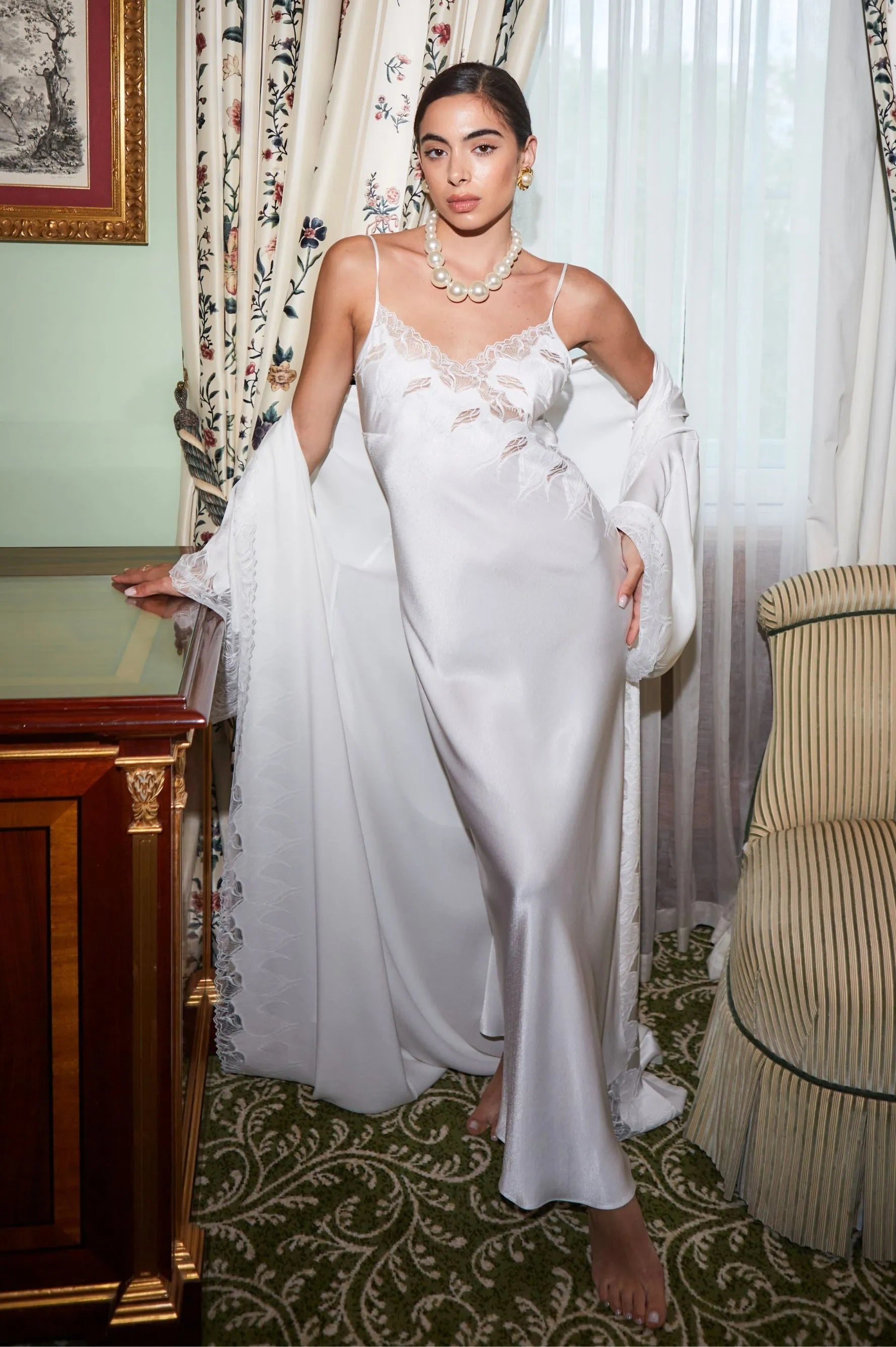 Lerna Long Rayon Robe Set with Long Nightgown - White on White