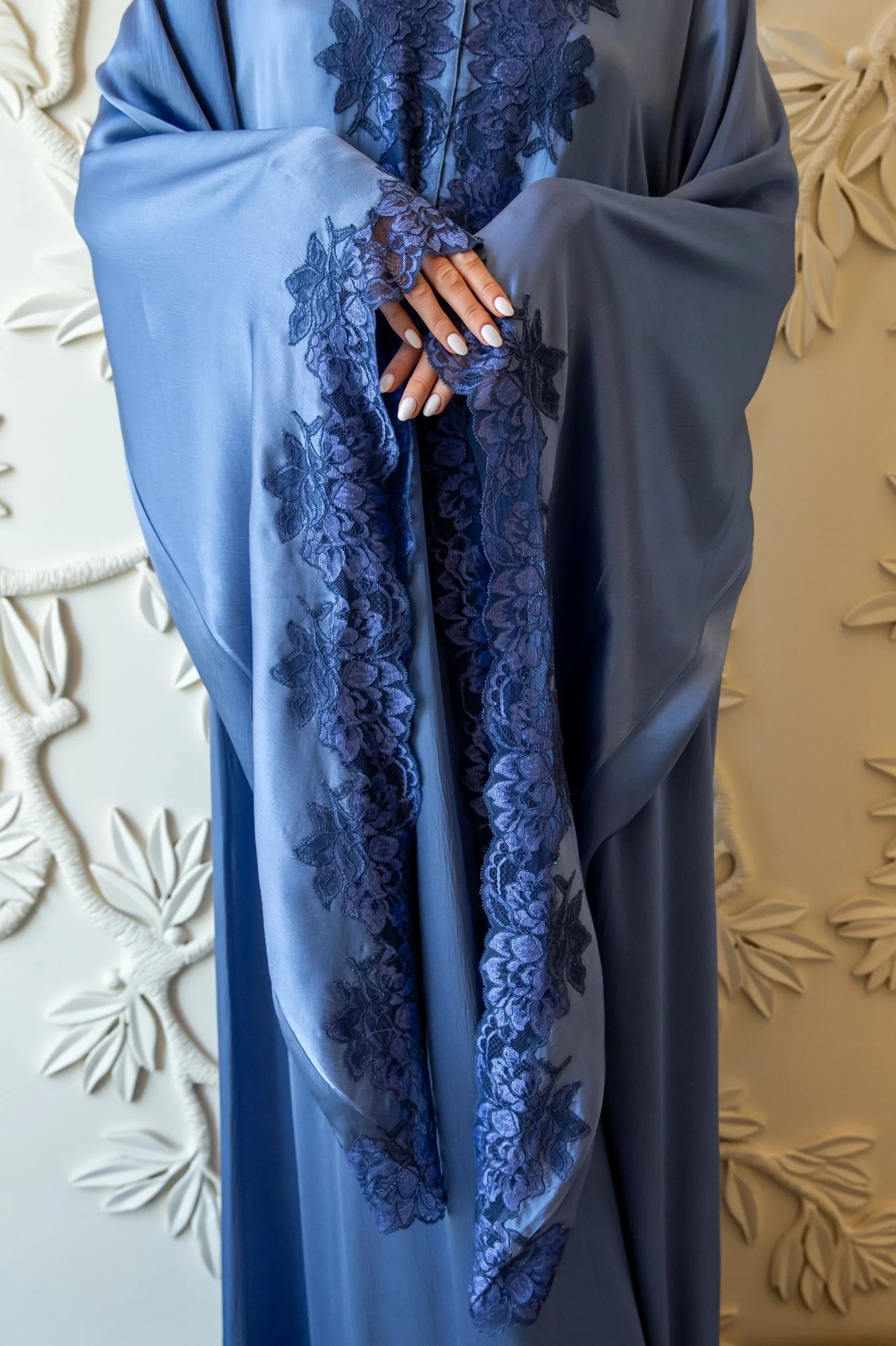 Adelaide Trimmed Long Zippered Dress - Indigo with Navy Blue Lace