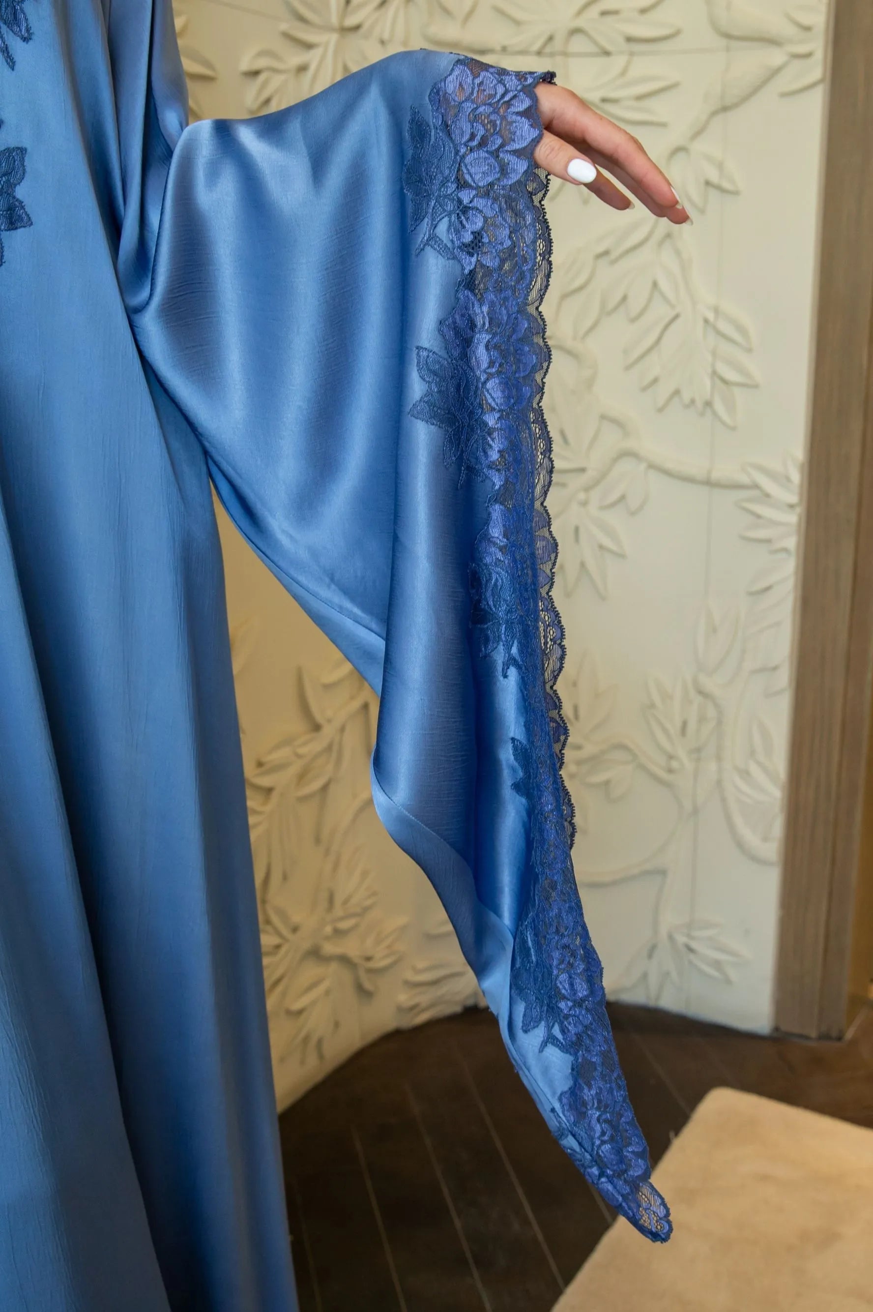 Adelaide Trimmed Long Zippered Dress - Indigo with Navy Blue Lace