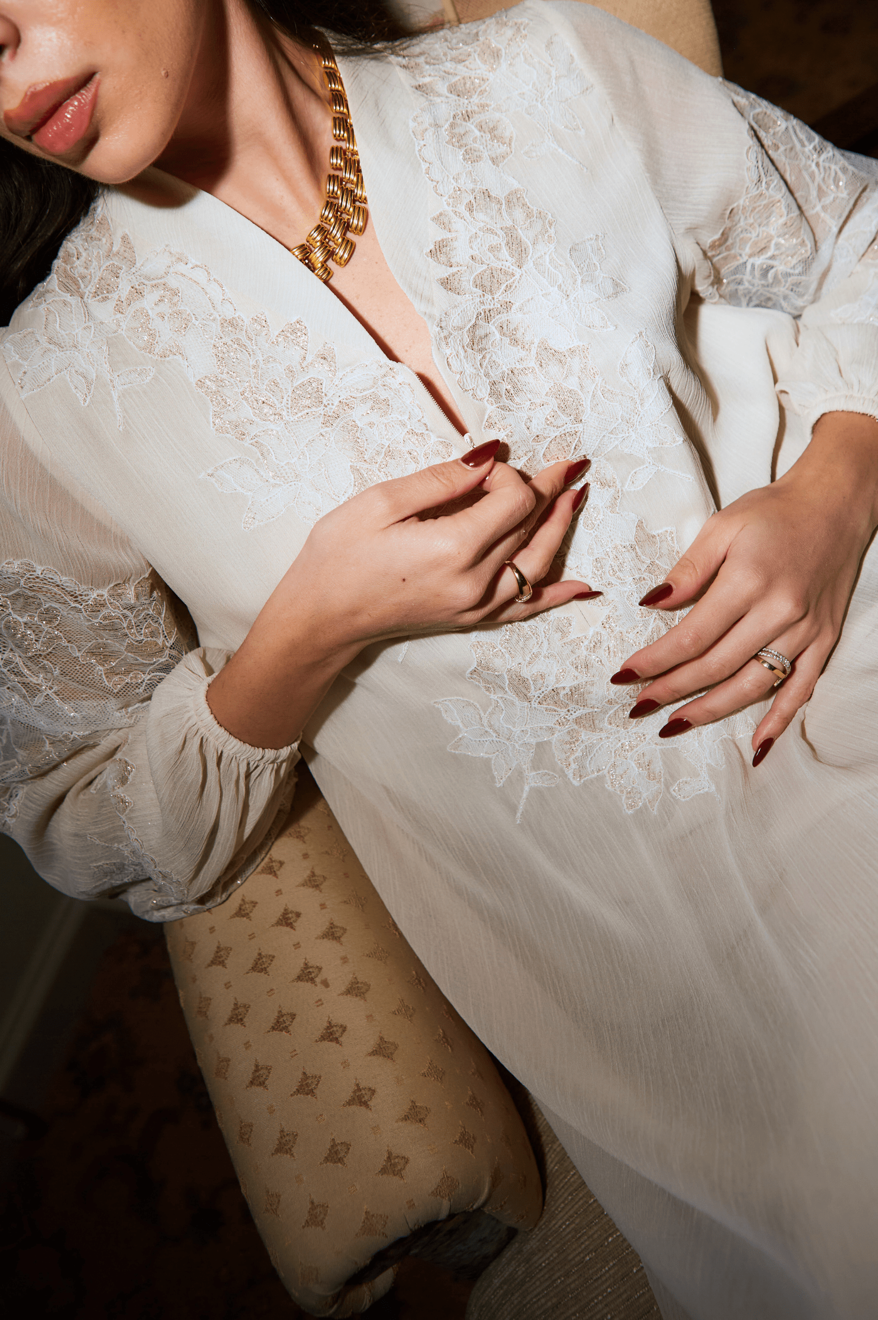 Flint-Luxury Silky Chiffon Trimmed Dress with Half Zipper - Golden Lace Detail on Honey