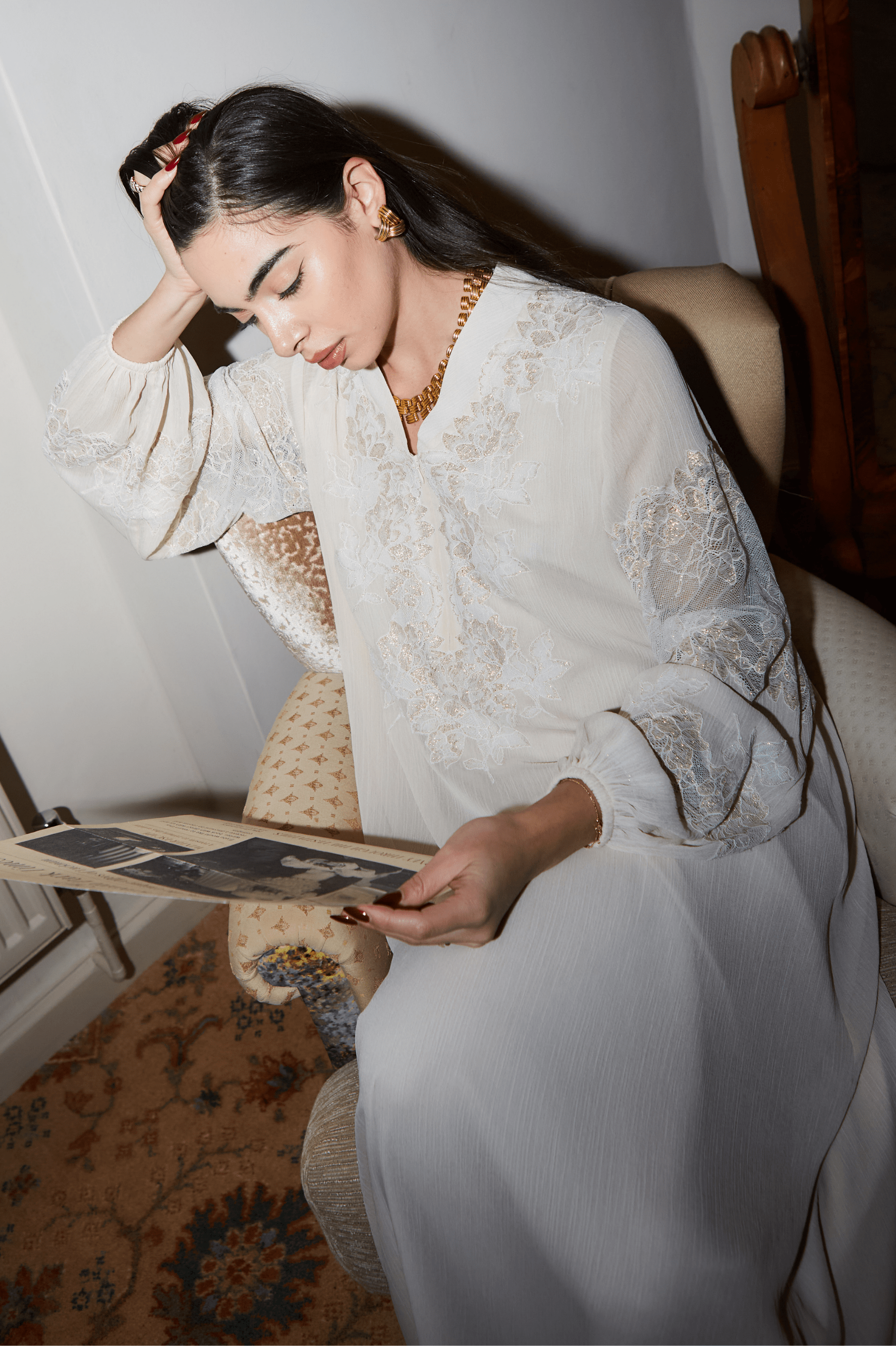 Flint-Luxury Silky Chiffon Trimmed Dress with Half Zipper - Golden Lace Detail on Honey
