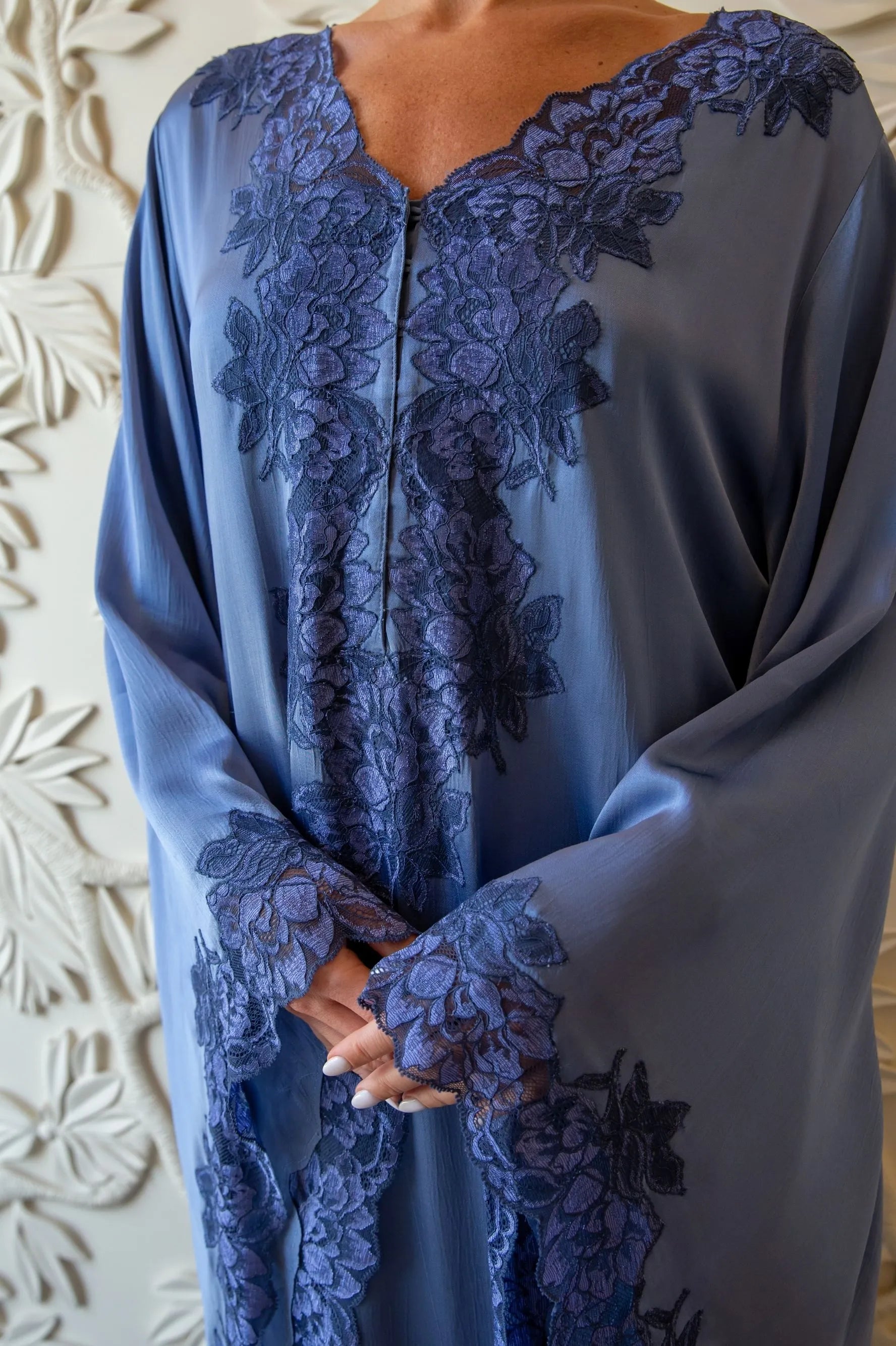 Adelaide Trimmed Long Zippered Dress - Indigo with Navy Blue Lace