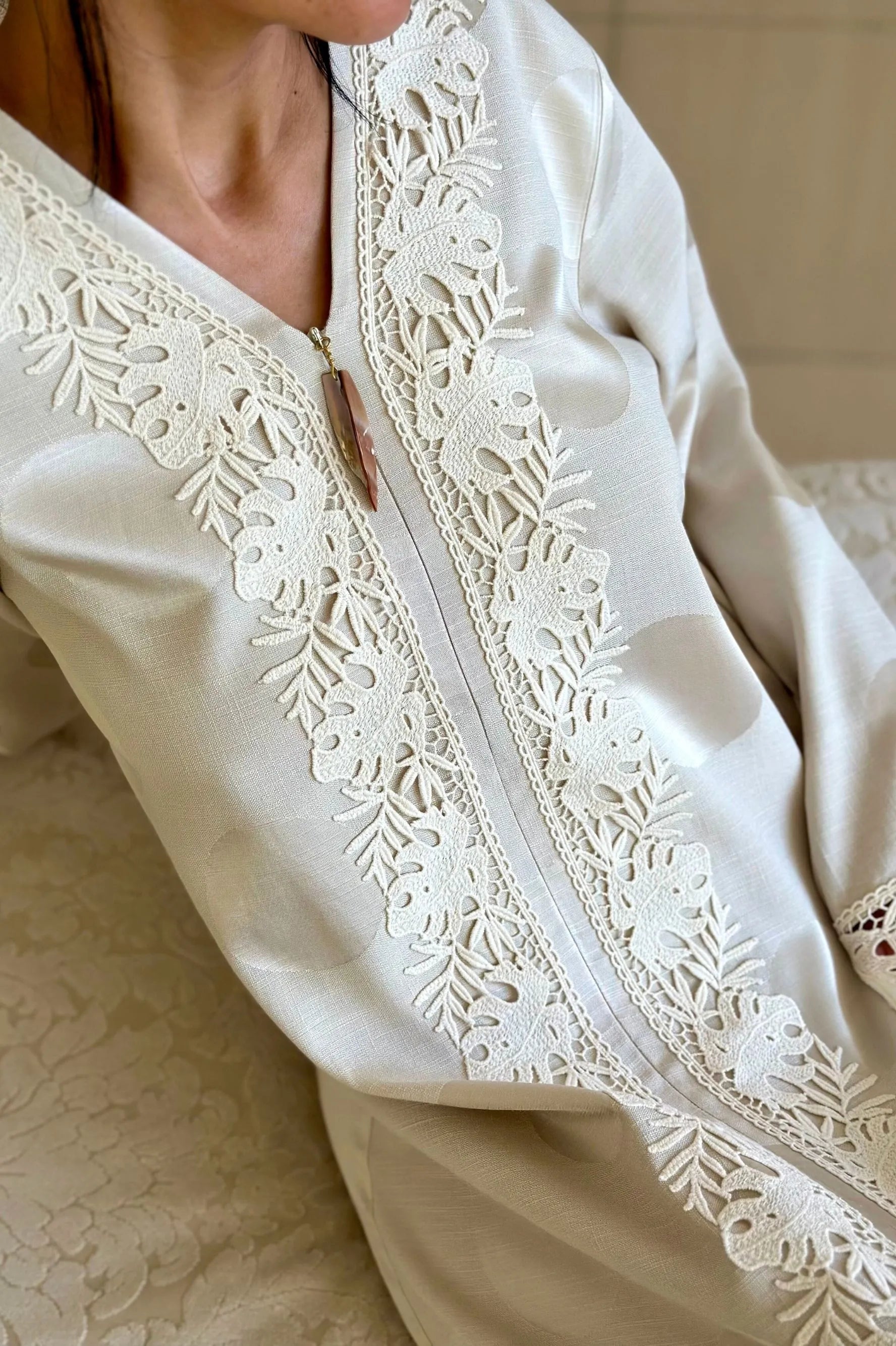 Luv - Trimmed Long Zippered Dress - Beige with Dots