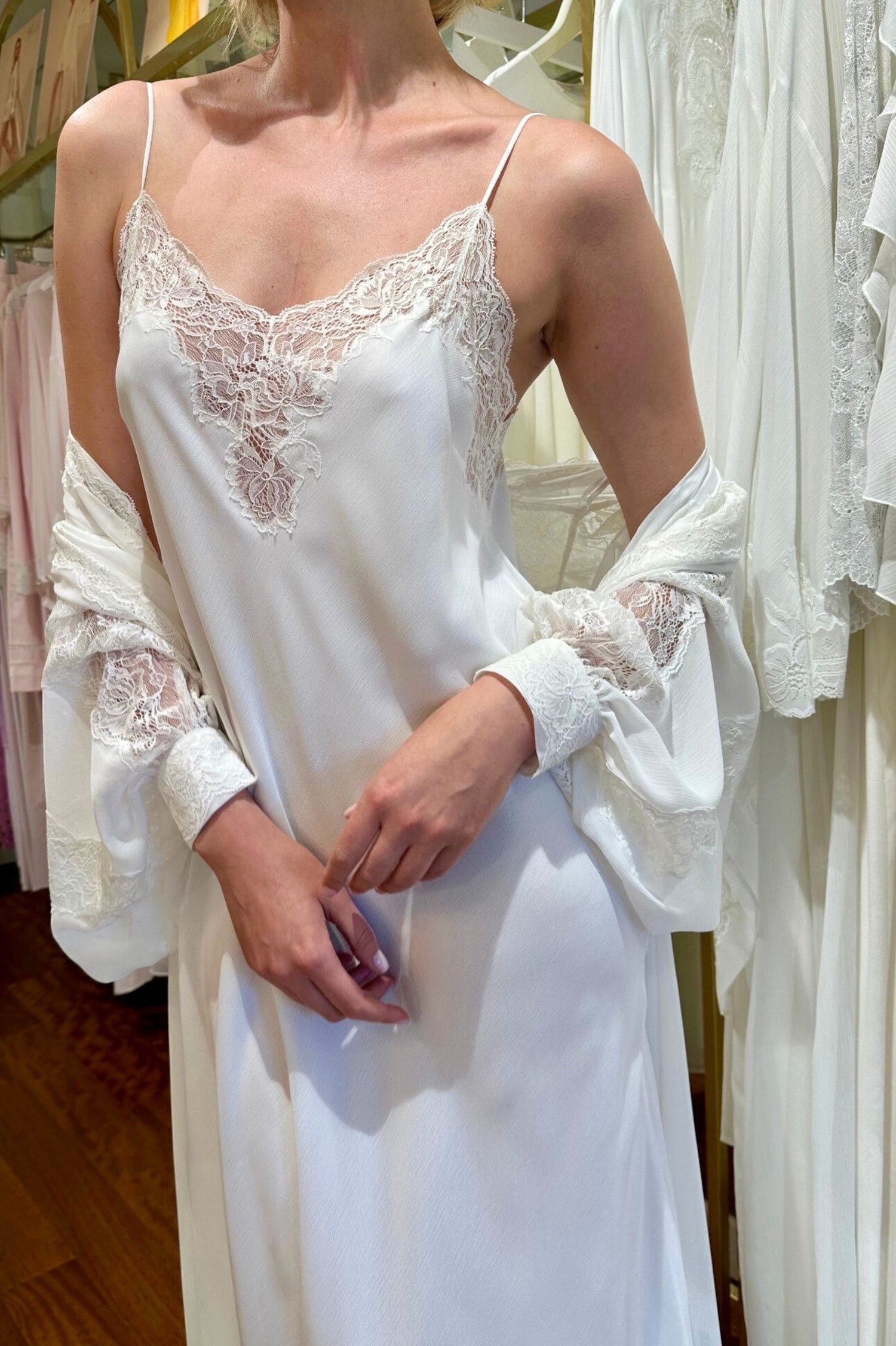 Carina Long Silky Chiffon Robe Set - Off White on Off White