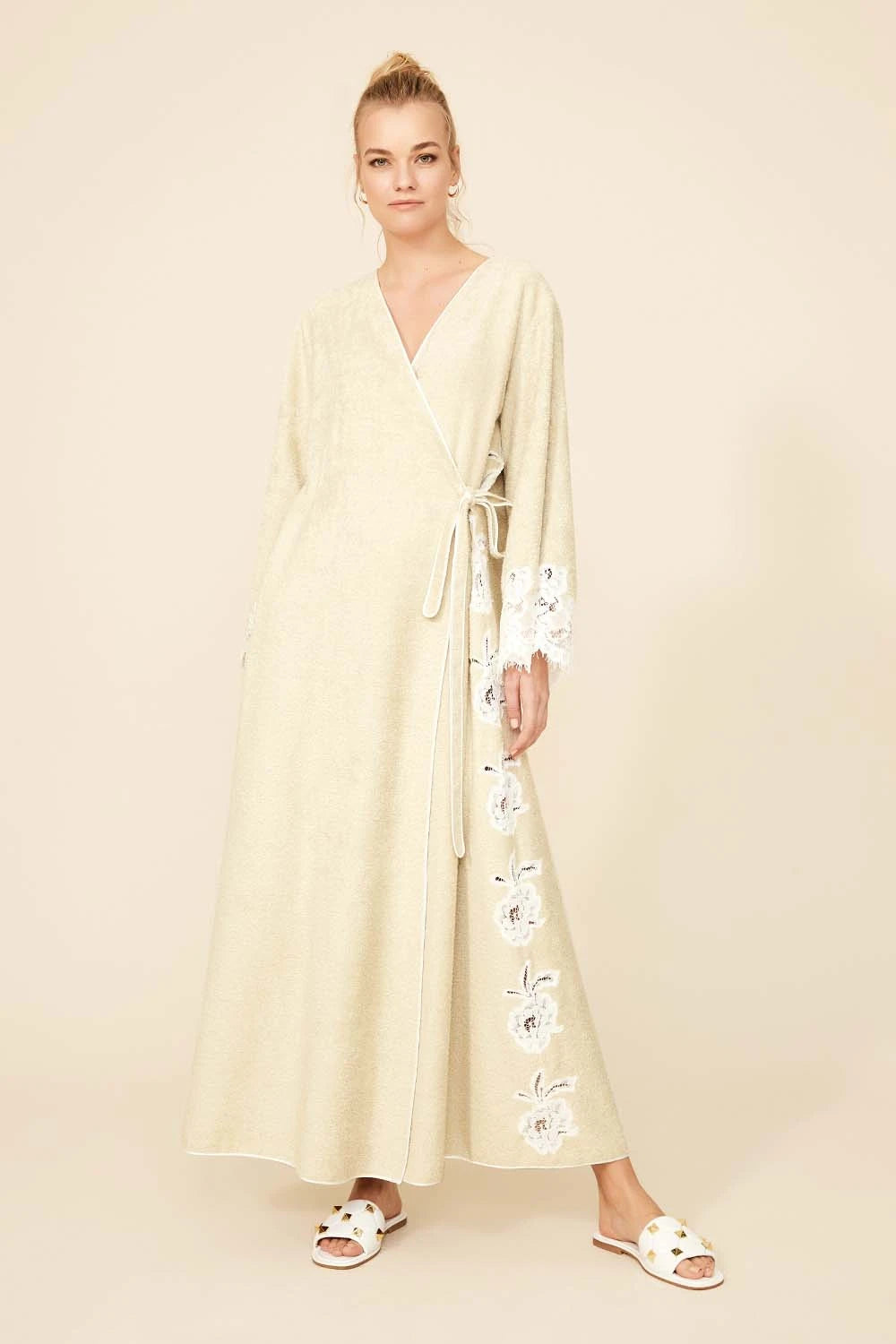 Brianna Long Towel Belted Bathrobe-Sand