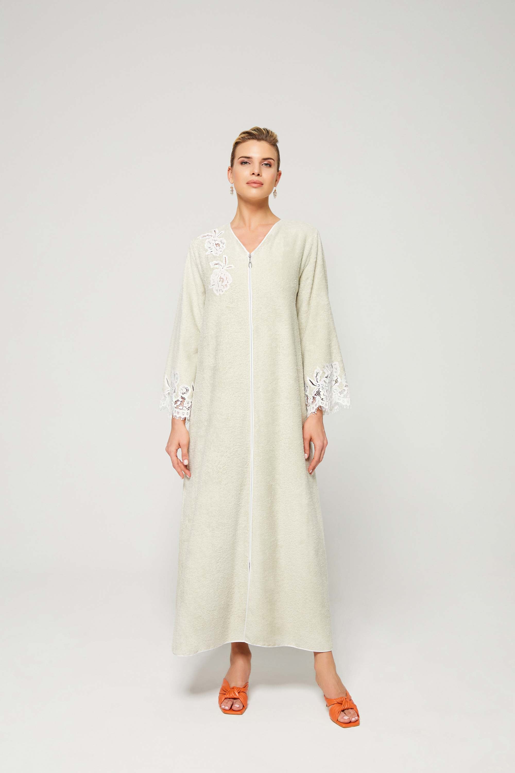 Alia- Zippered and Trimmed Cotton Bathrobe - Beige