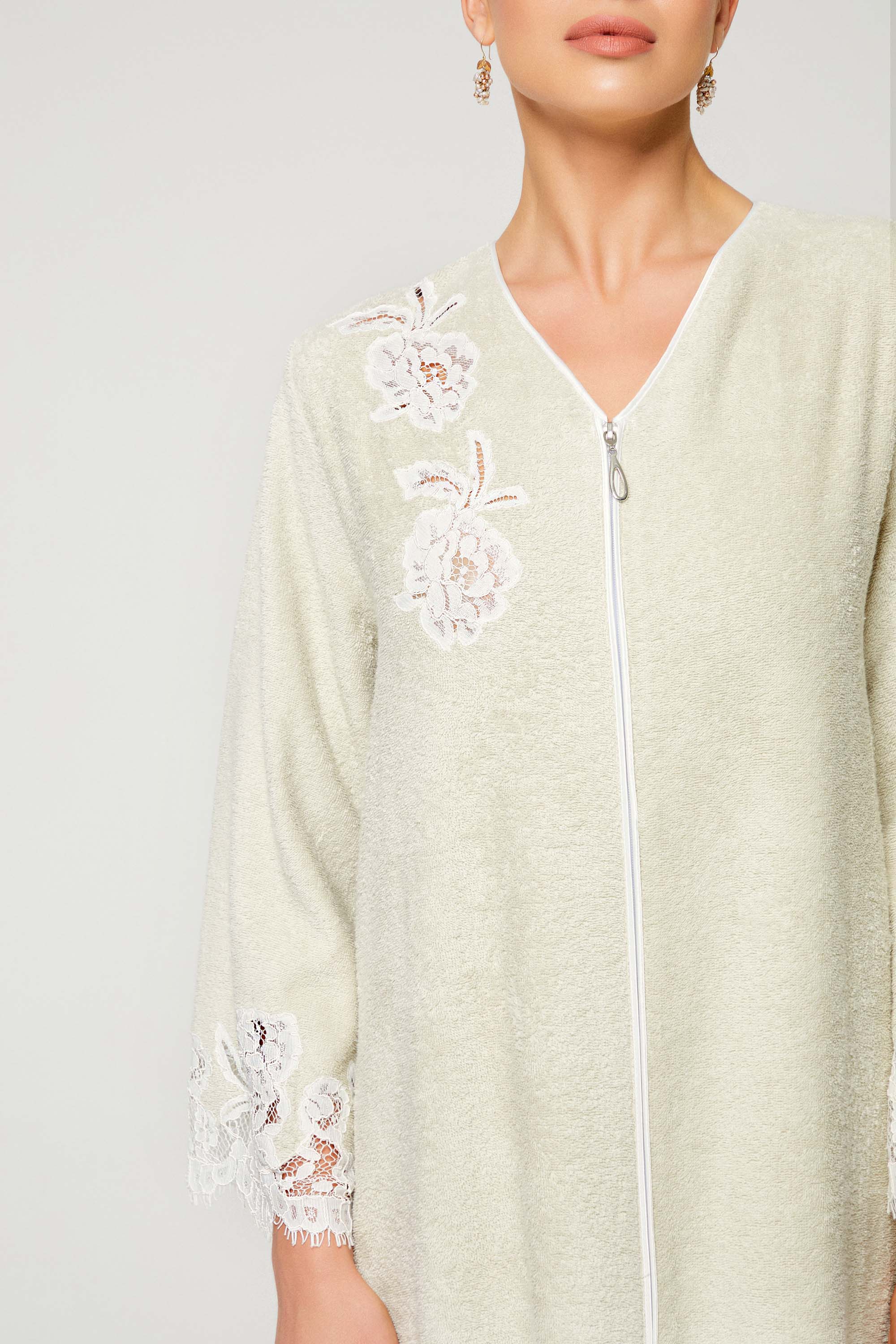 Alia- Zippered and Trimmed Cotton Bathrobe - Beige
