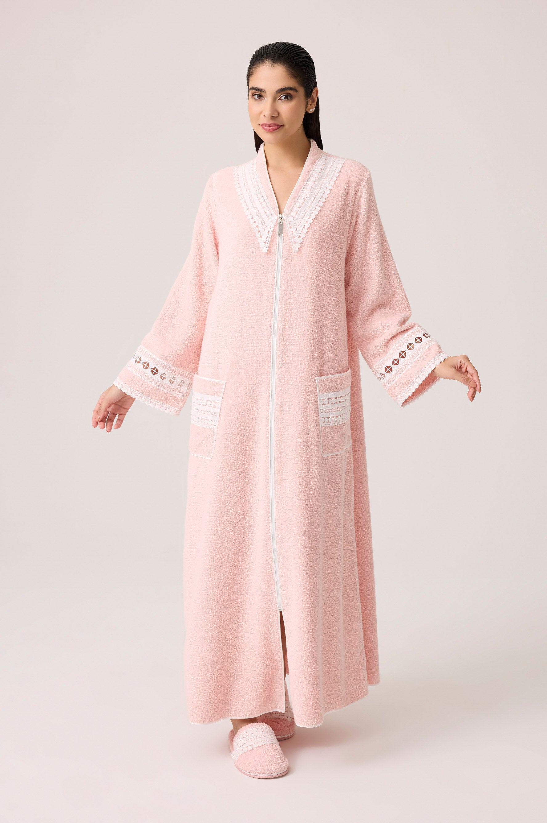Selene Cotton Bathrobe Light Pink Light Pink Cotton — Bocan Couture luxury nightwear, look 2
