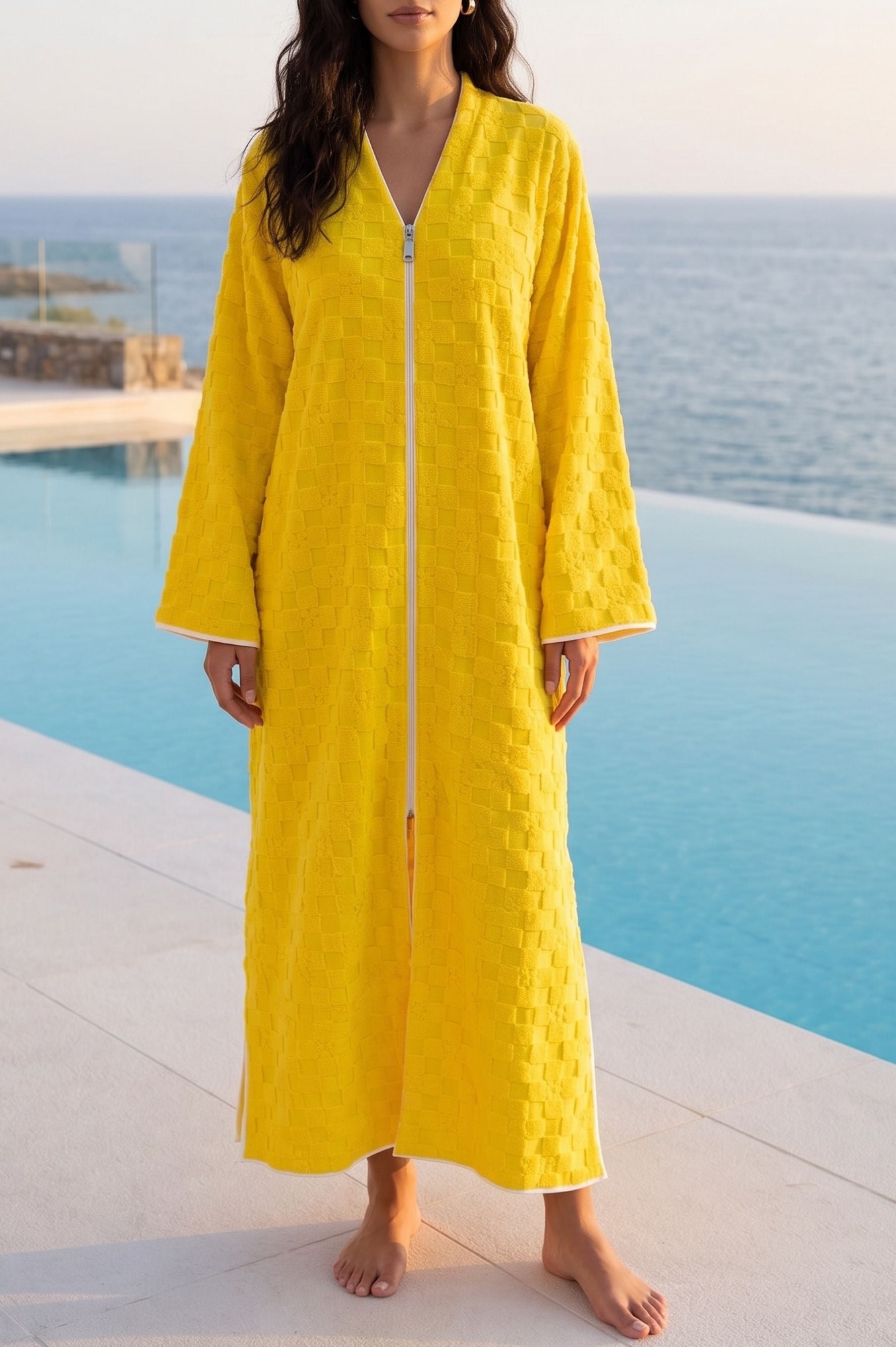 Luxury patterned yellow cotton towel bathrobe by Bocan Couture