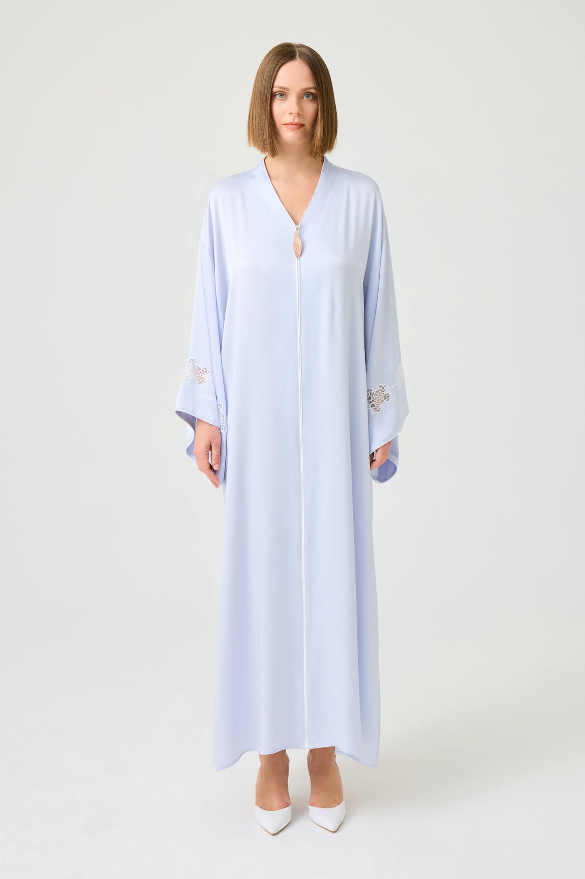 Abelia Long Rayon Zippered Dress With Off White Lace On Ice Blue Ice Blue Silk — Bocan Couture luxury nightwear, look 5
