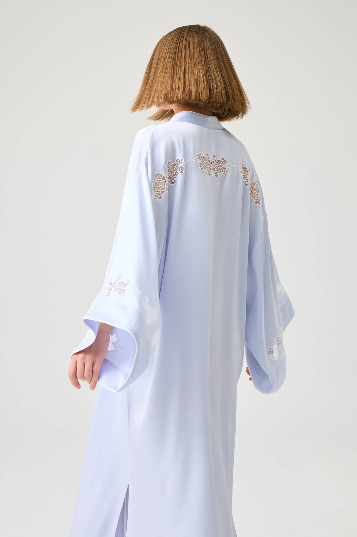 Abelia Long Rayon Zippered Dress With Off White Lace On Ice Blue Ice Blue Silk — Bocan Couture luxury nightwear, look 2