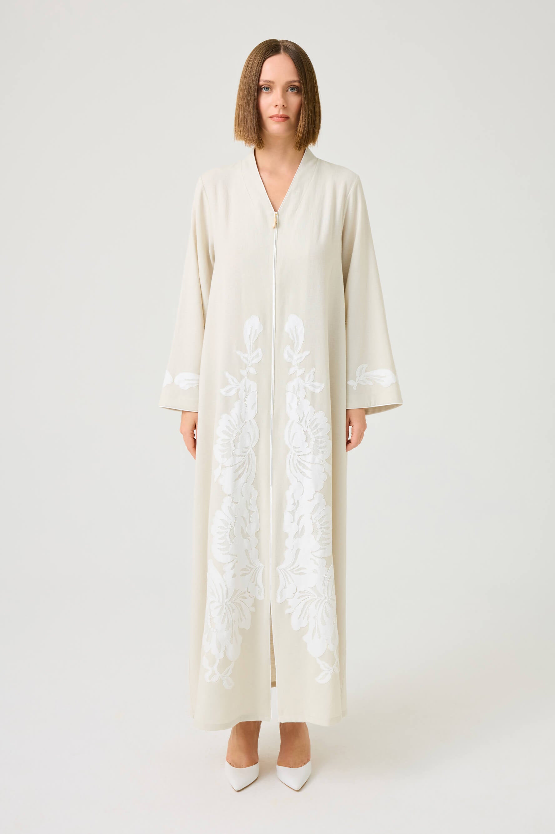 Liora Long Linen Zippered Dress with Off White Lace on Nile Green