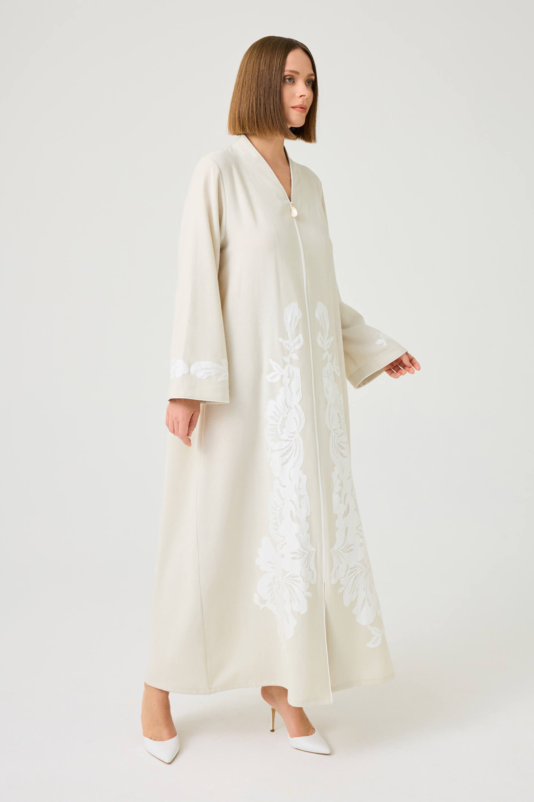 Liora Long Linen Zippered Dress with Off White Lace on Nile Green