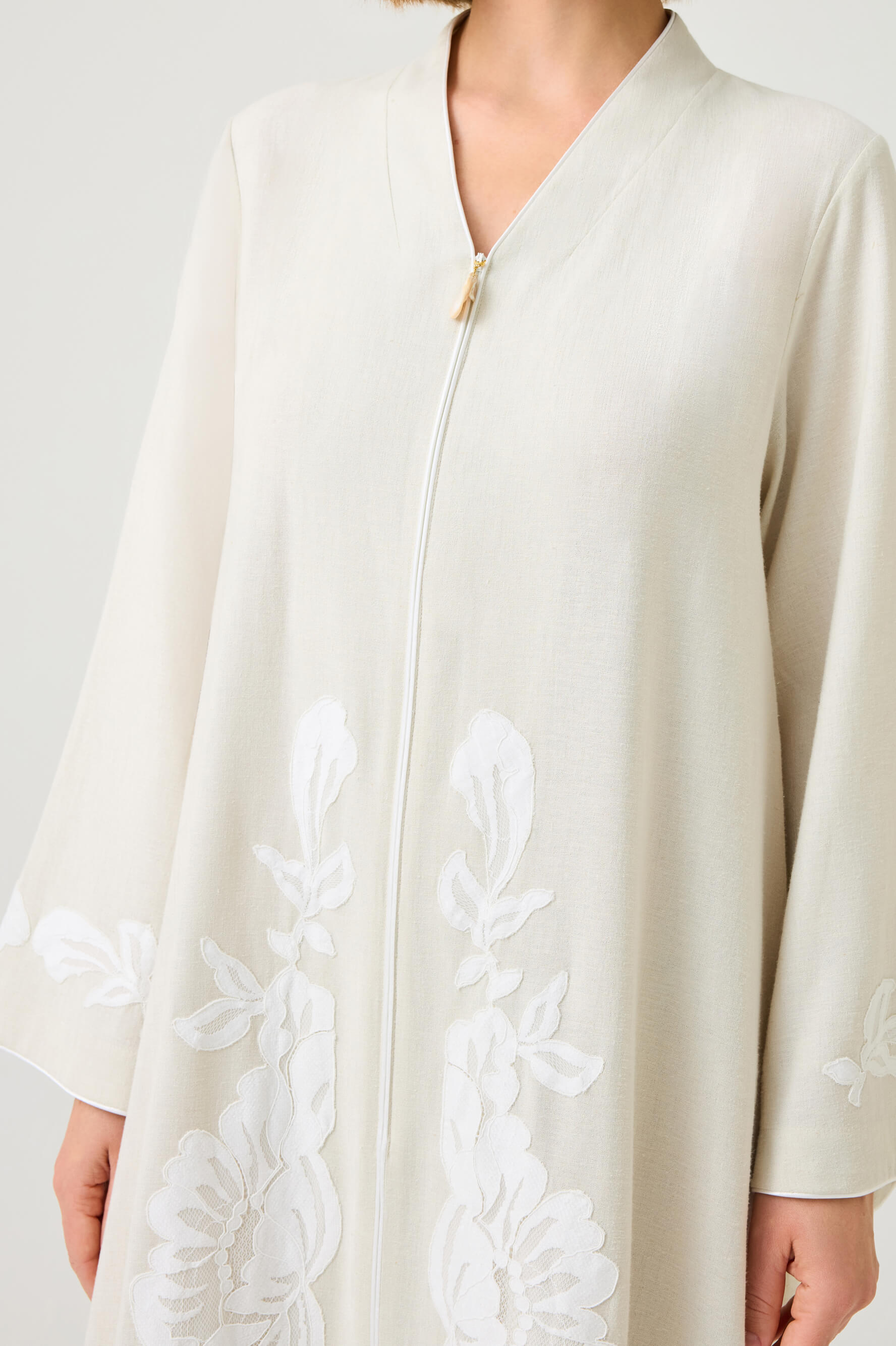 Liora Long Linen Zippered Dress with Off White Lace on Nile Green