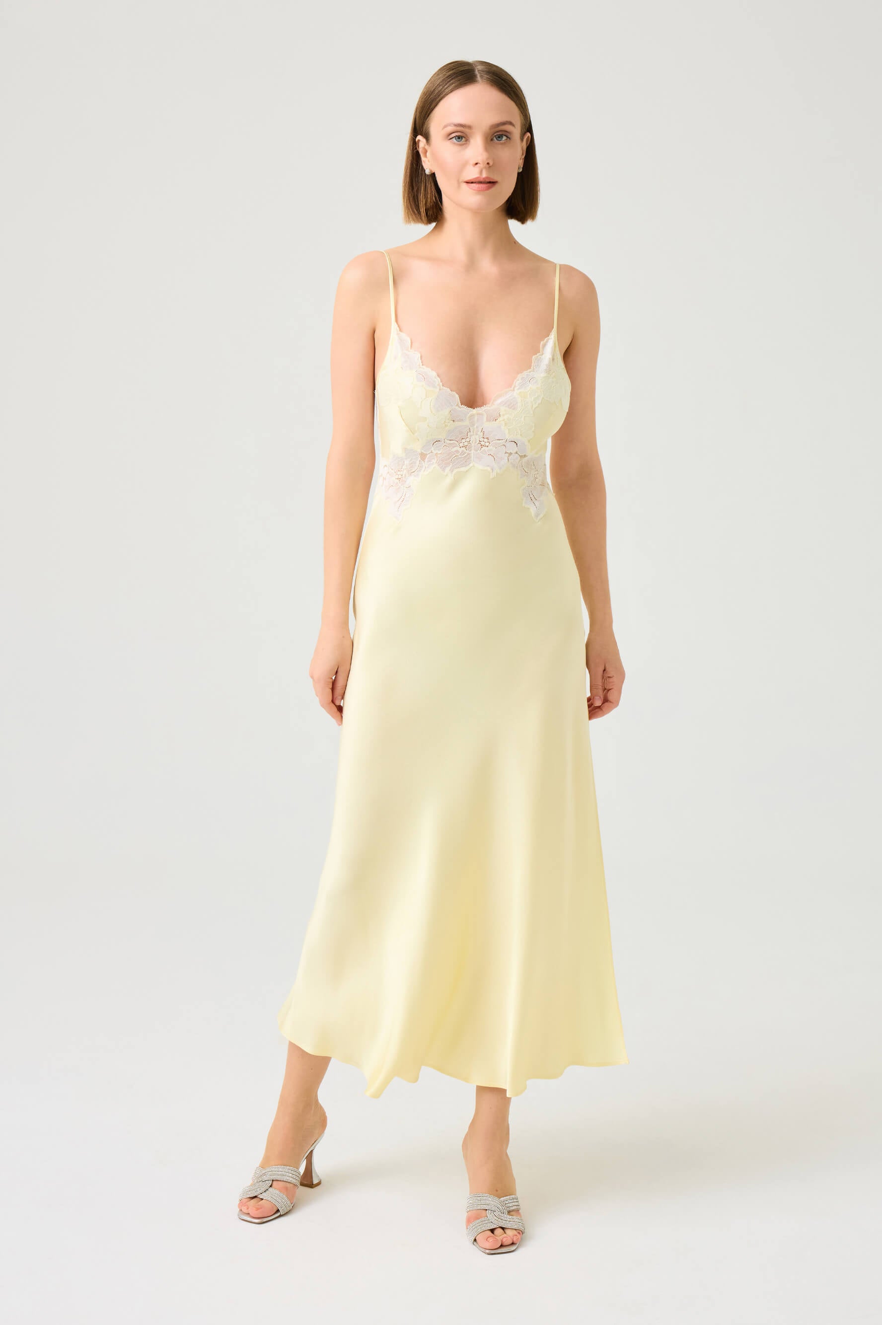Caroline Long Rayon Nightgown with Butter Yellow Lace on Butter Yellow