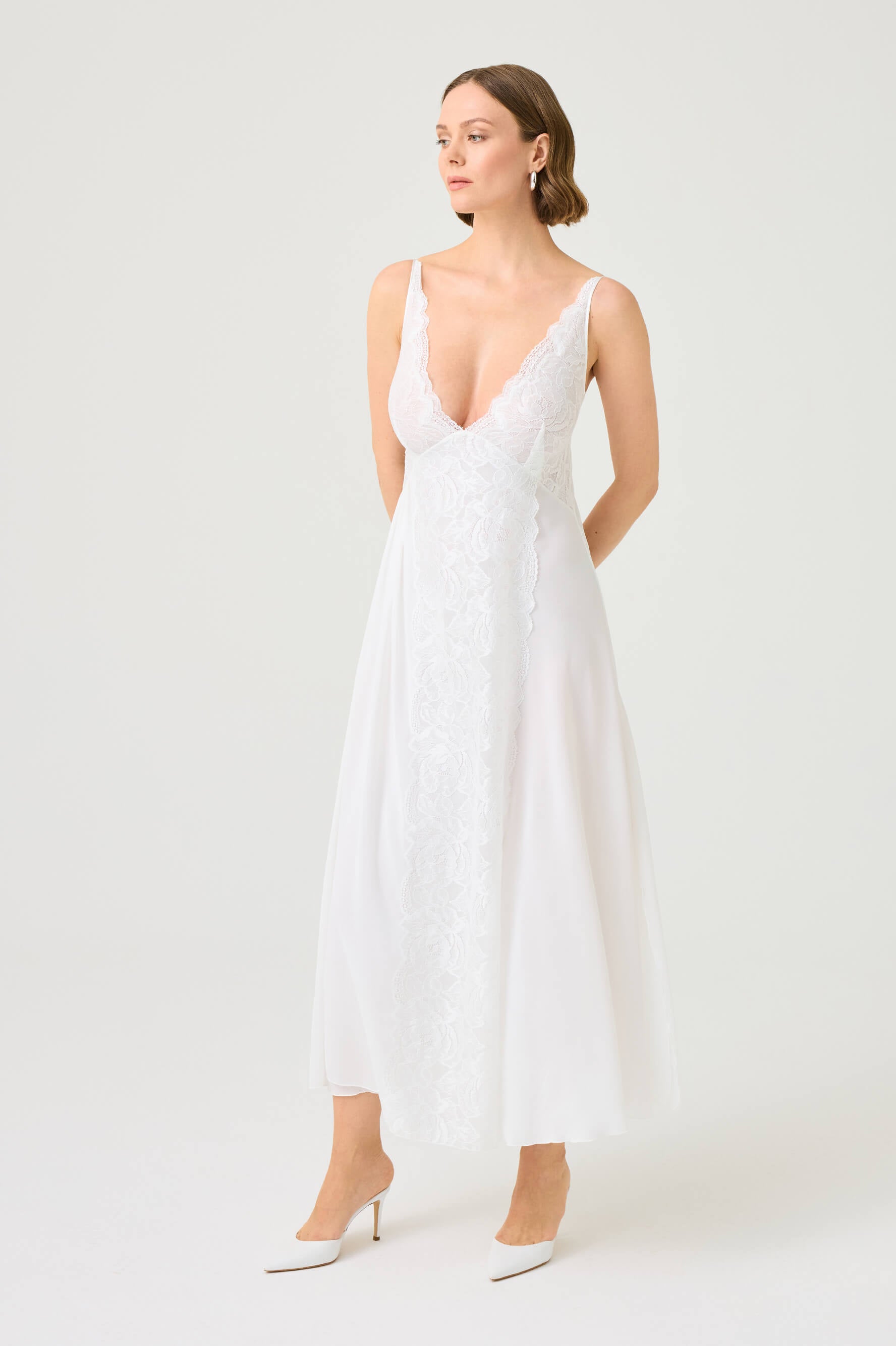 Rosaria Long Silky Chiffon Robe Set with Off White Lace on Off White