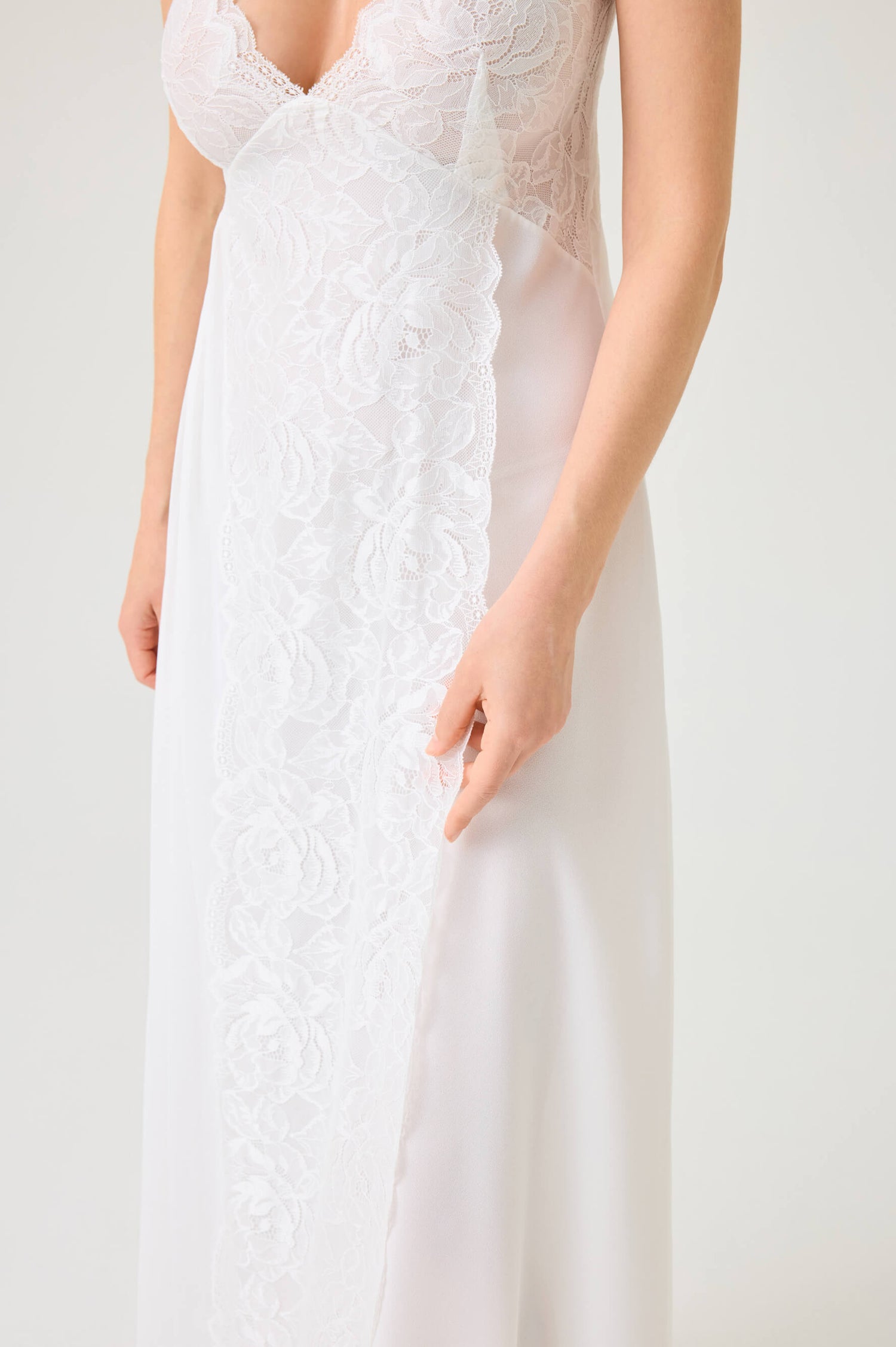 Swanette Long Silky Chiffon Nightgown with Off White Lace on Off White