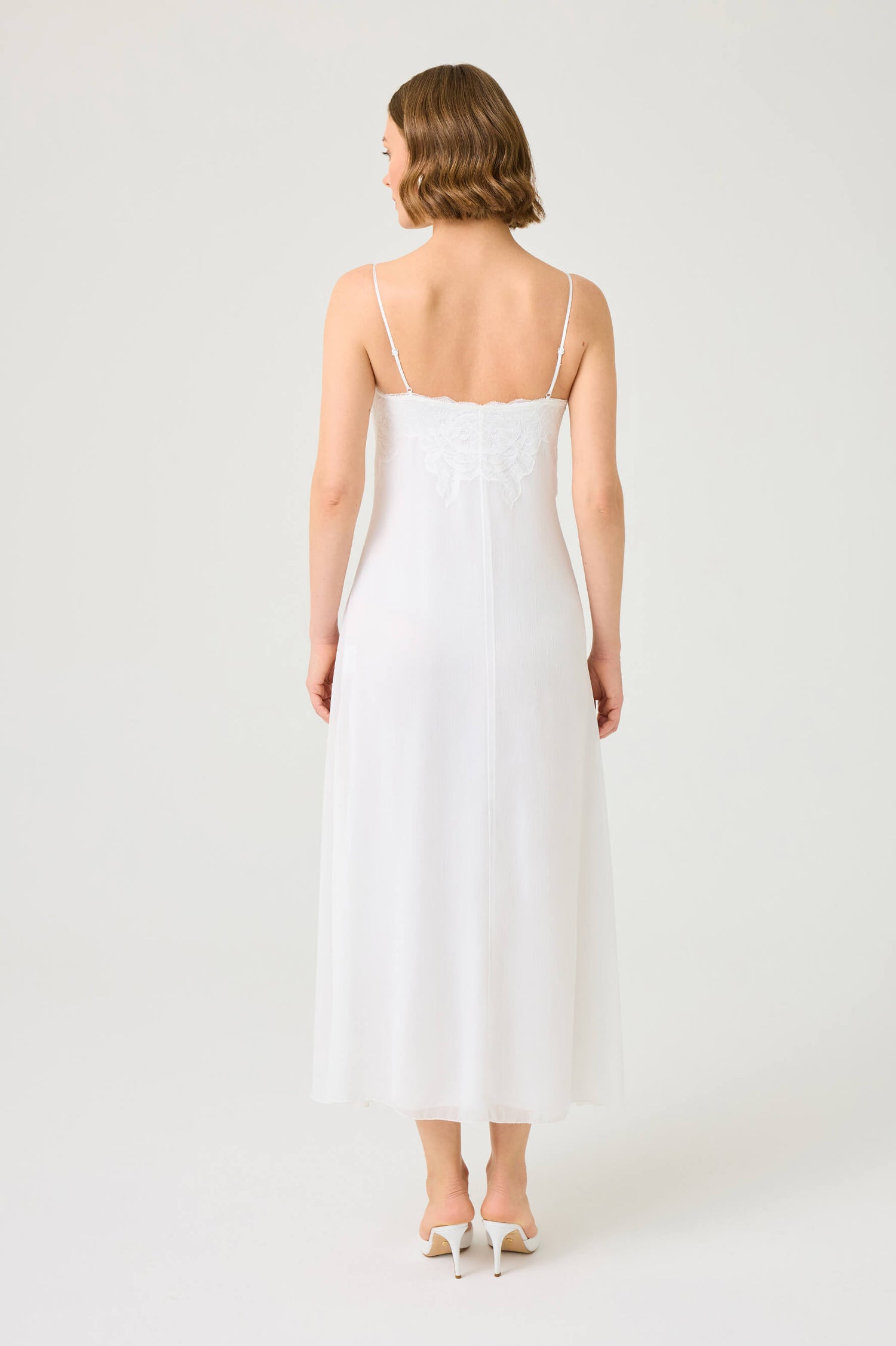 Swanette Long Silky Chiffon Nightgown with Off White Lace on Off White