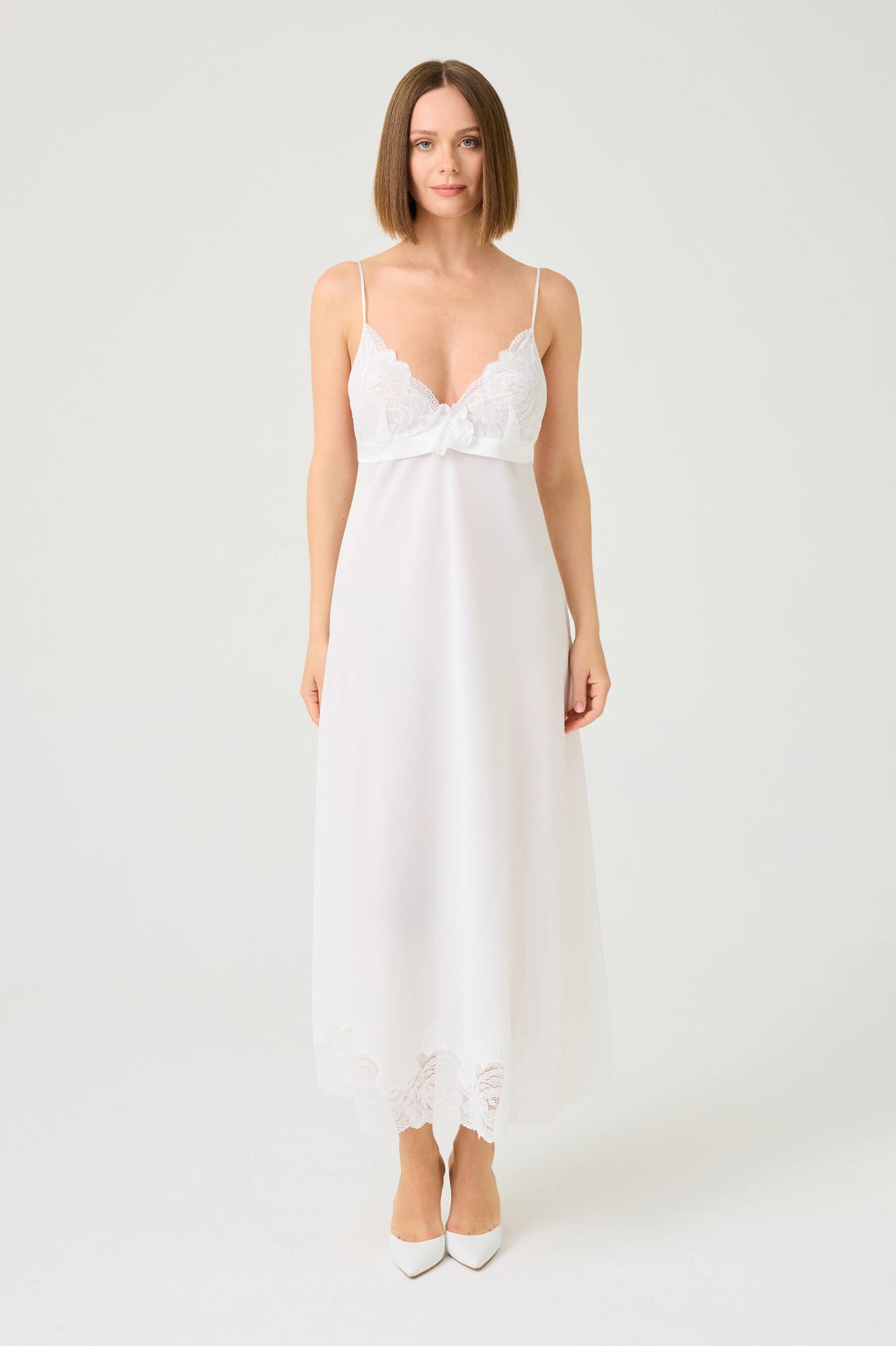 Alba Long Silky Chiffon Nightgown with Off White Lace on Off White