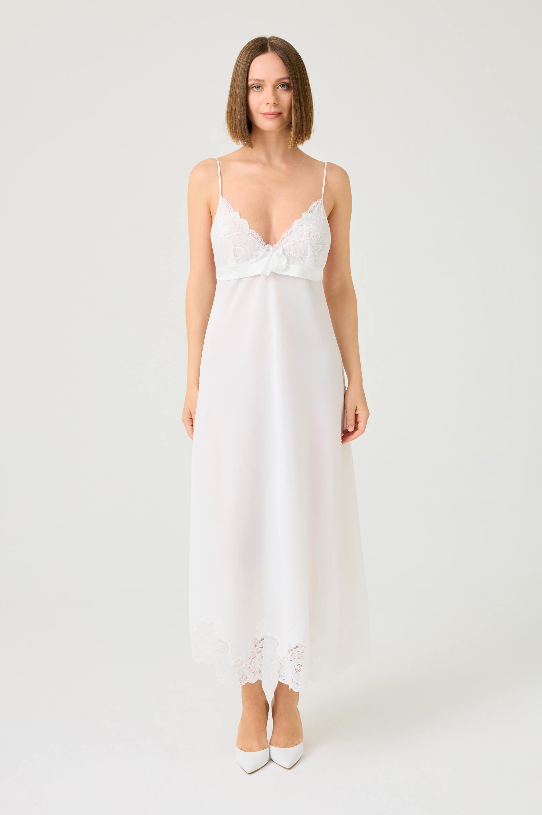 Rosabelle Long Silky Chiffon Robe Set with Off White Lace on Off White