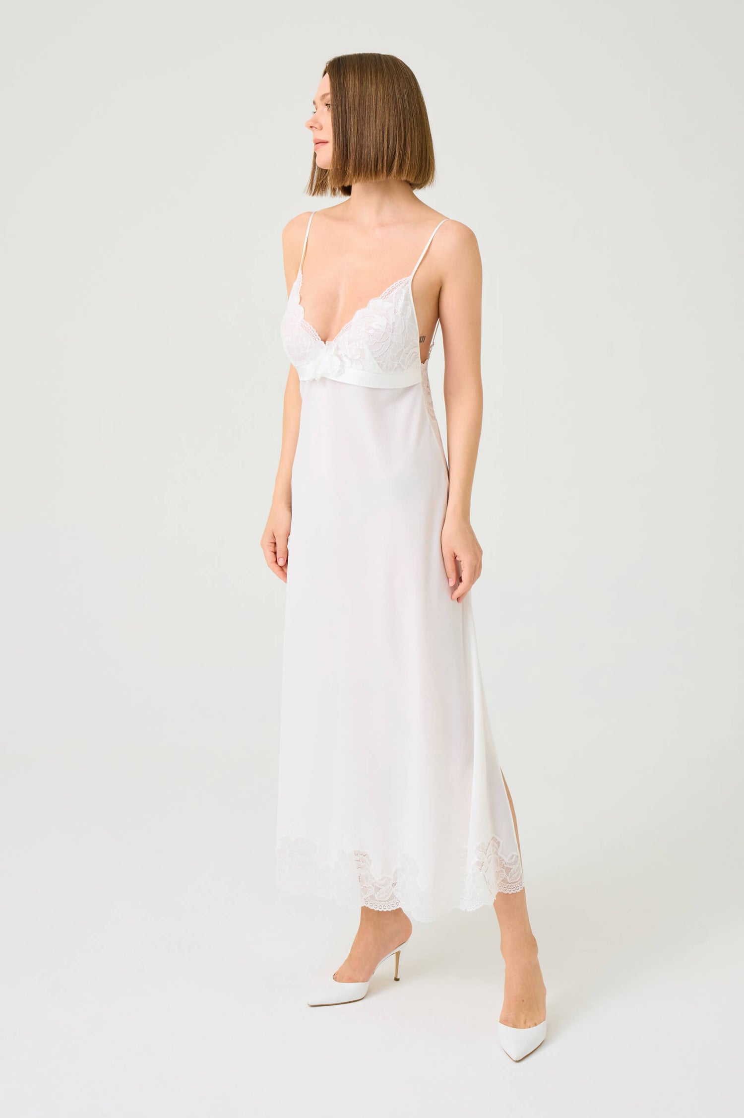 Alba Long Silky Chiffon Nightgown with Off White Lace on Off White