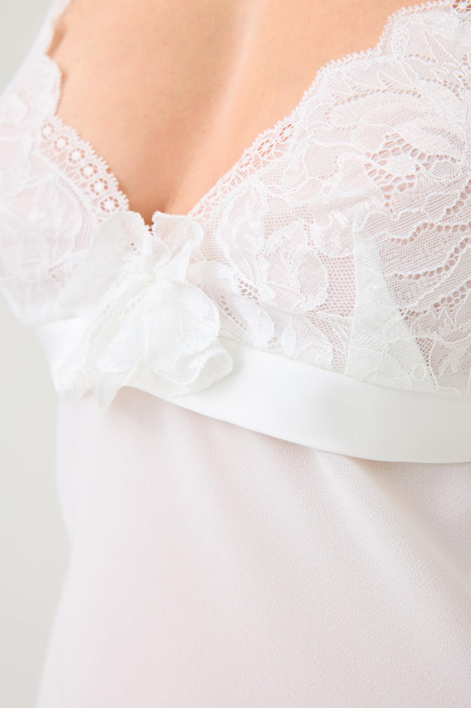 Alba Long Silky Chiffon Nightgown with Off White Lace on Off White