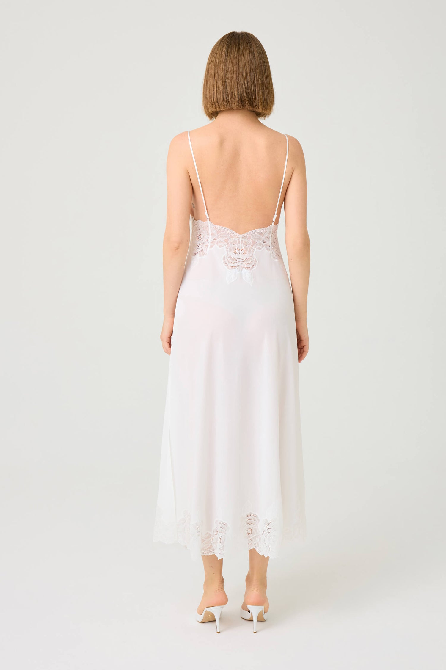 Alba Long Silky Chiffon Nightgown with Off White Lace on Off White