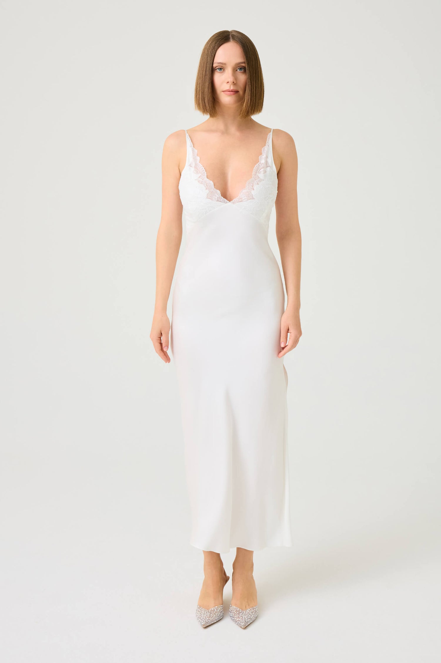 Elle Long Rayon Nightgown with Off White Lace on Off White