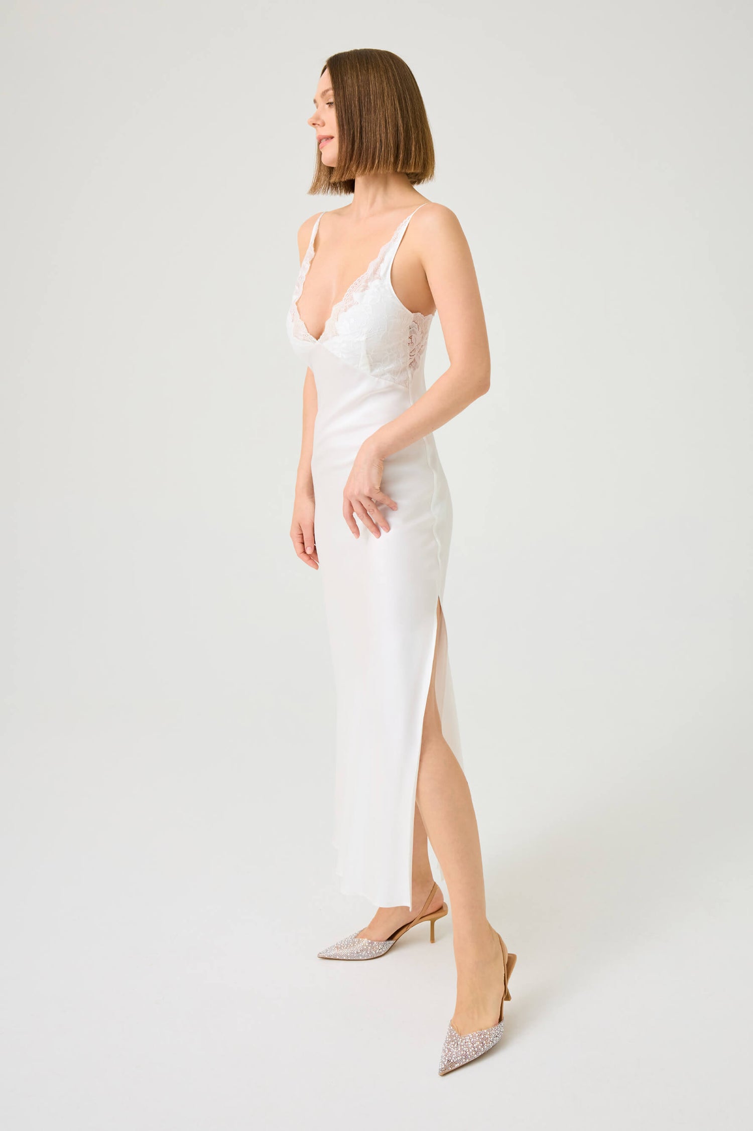 Elle Long Rayon Nightgown with Off White Lace on Off White