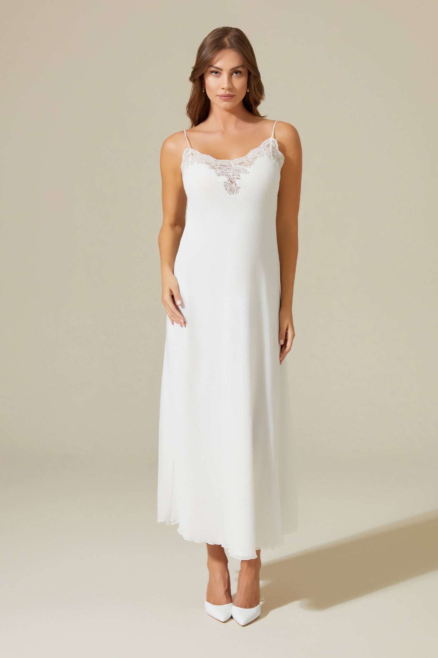 Carina Long Silky Chiffon Robe Set - Off White on Off White