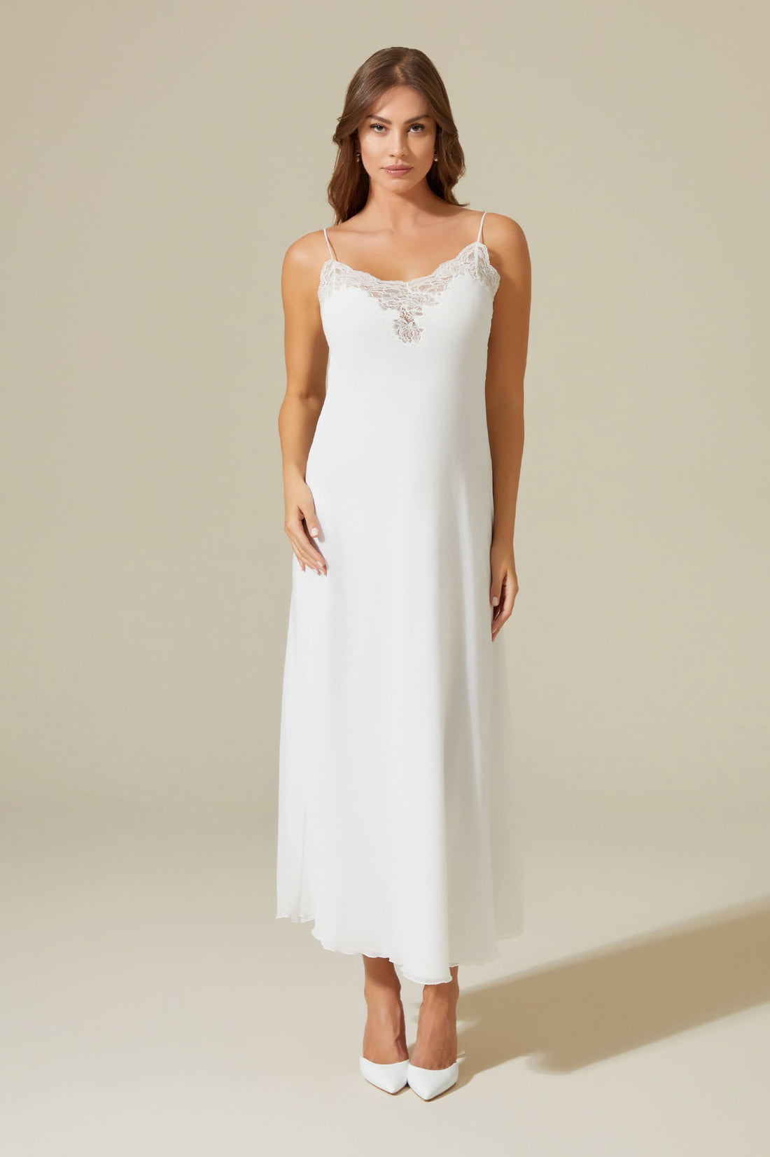 Darlene Off White Double Layered Silk Chiffon Nightgown with Off White Lace