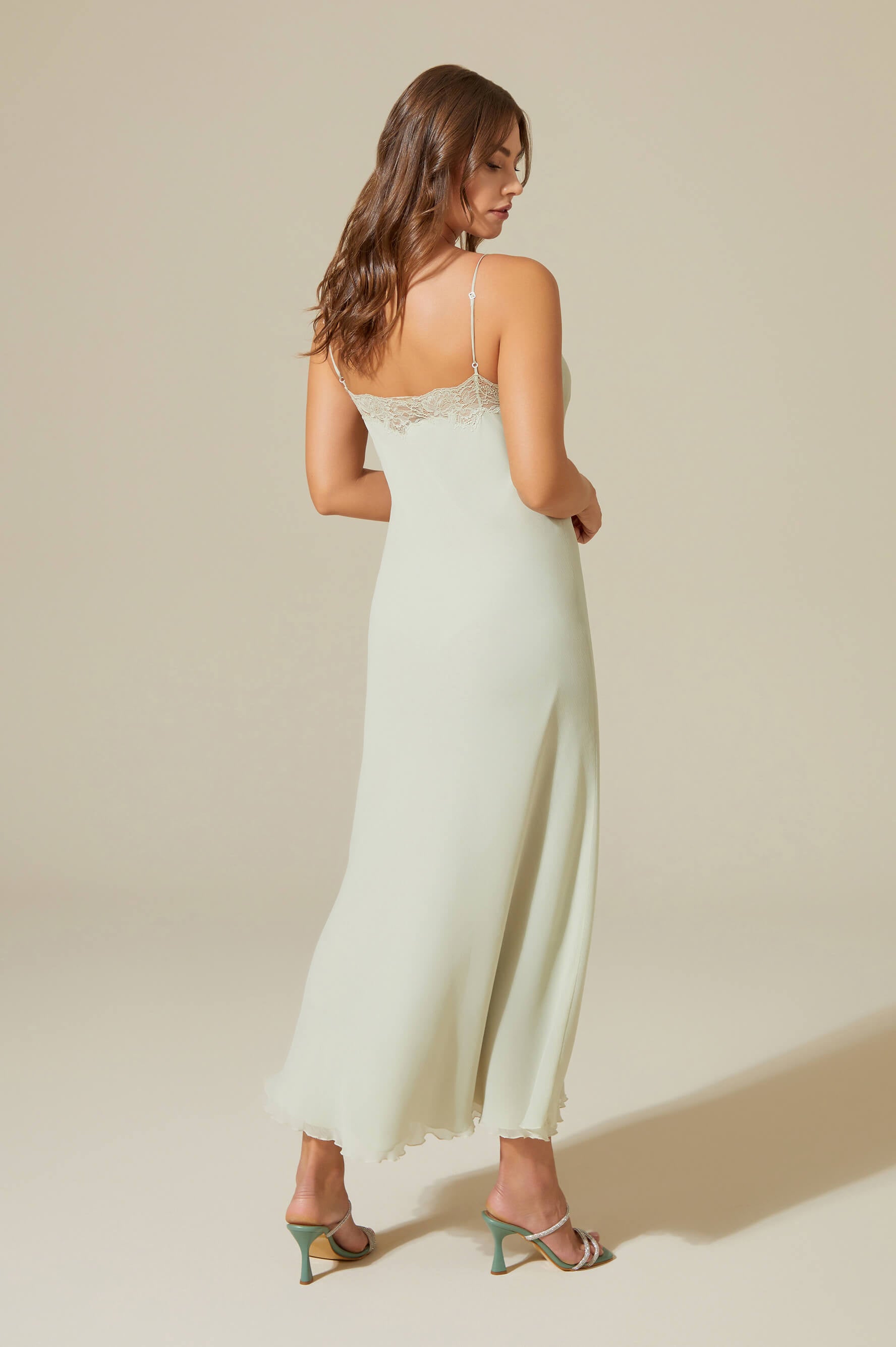 Carina Long Silky Chiffon Robe Set - Sage Green Lace on Sage Green