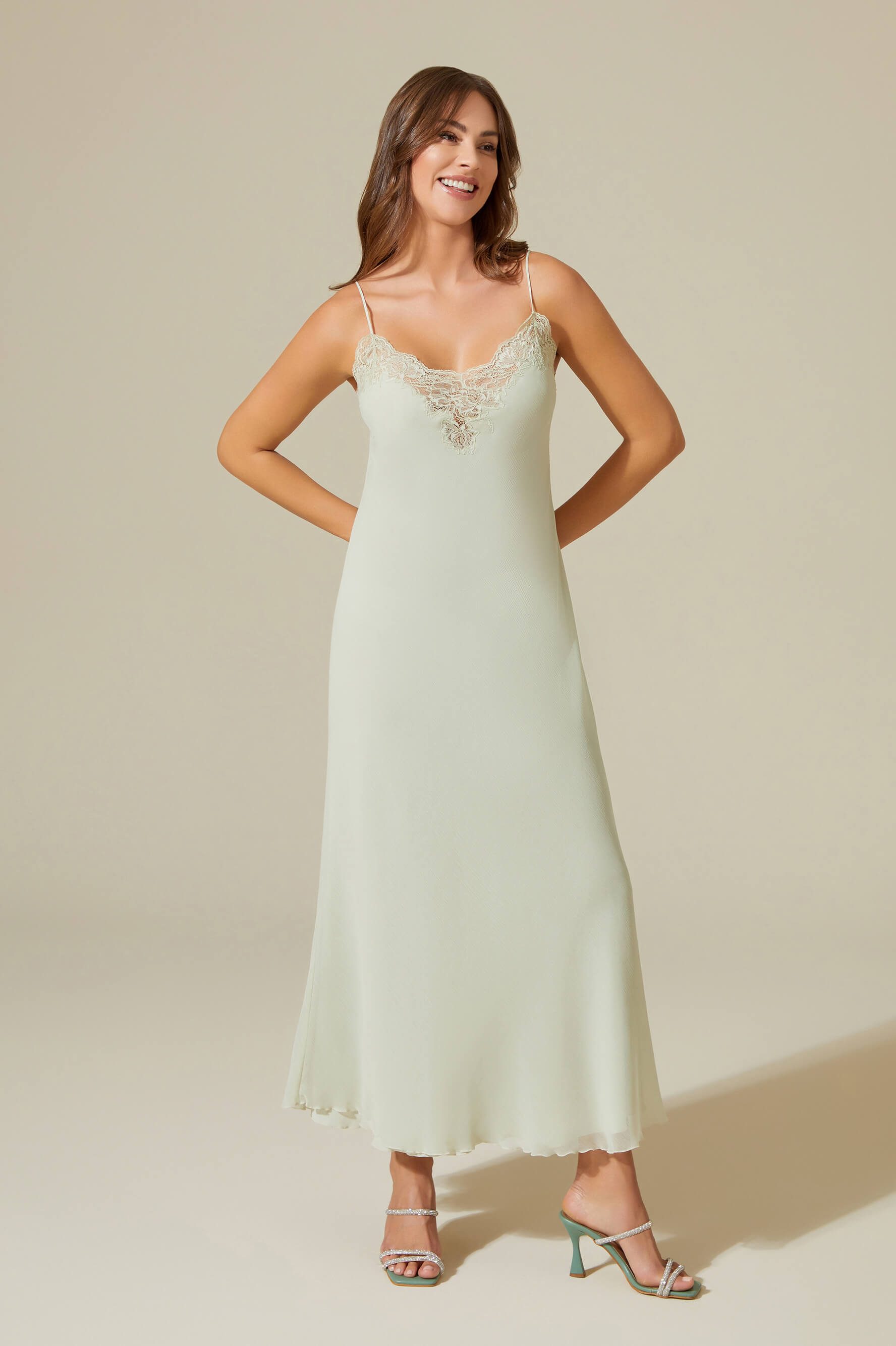 Darlene Sage Green Double Layered Silky Chiffon Nightgown with Sage Green Lace