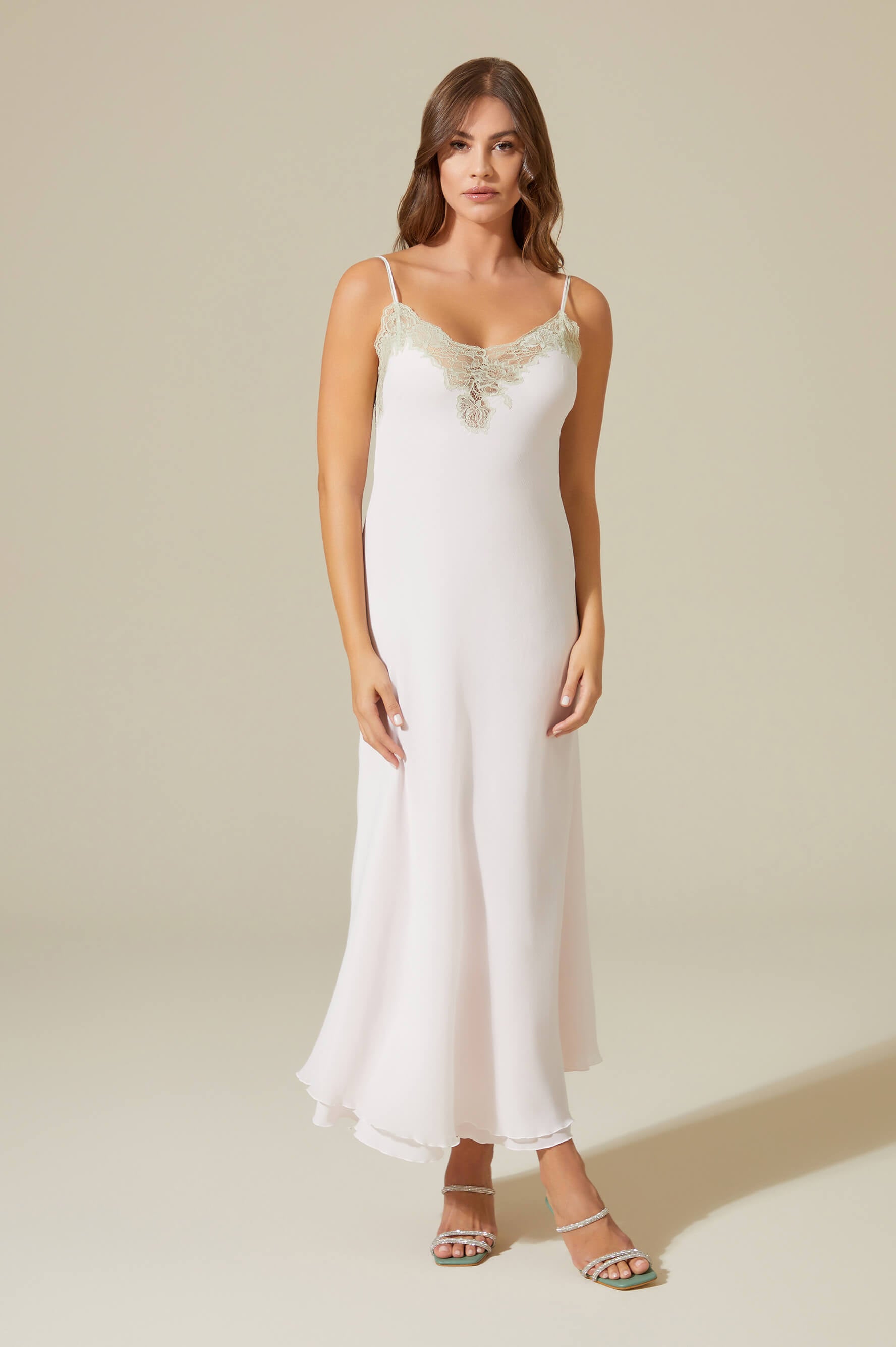 Carina Long Silky Chiffon Robe Set - Sage Green Lace on Light Pink