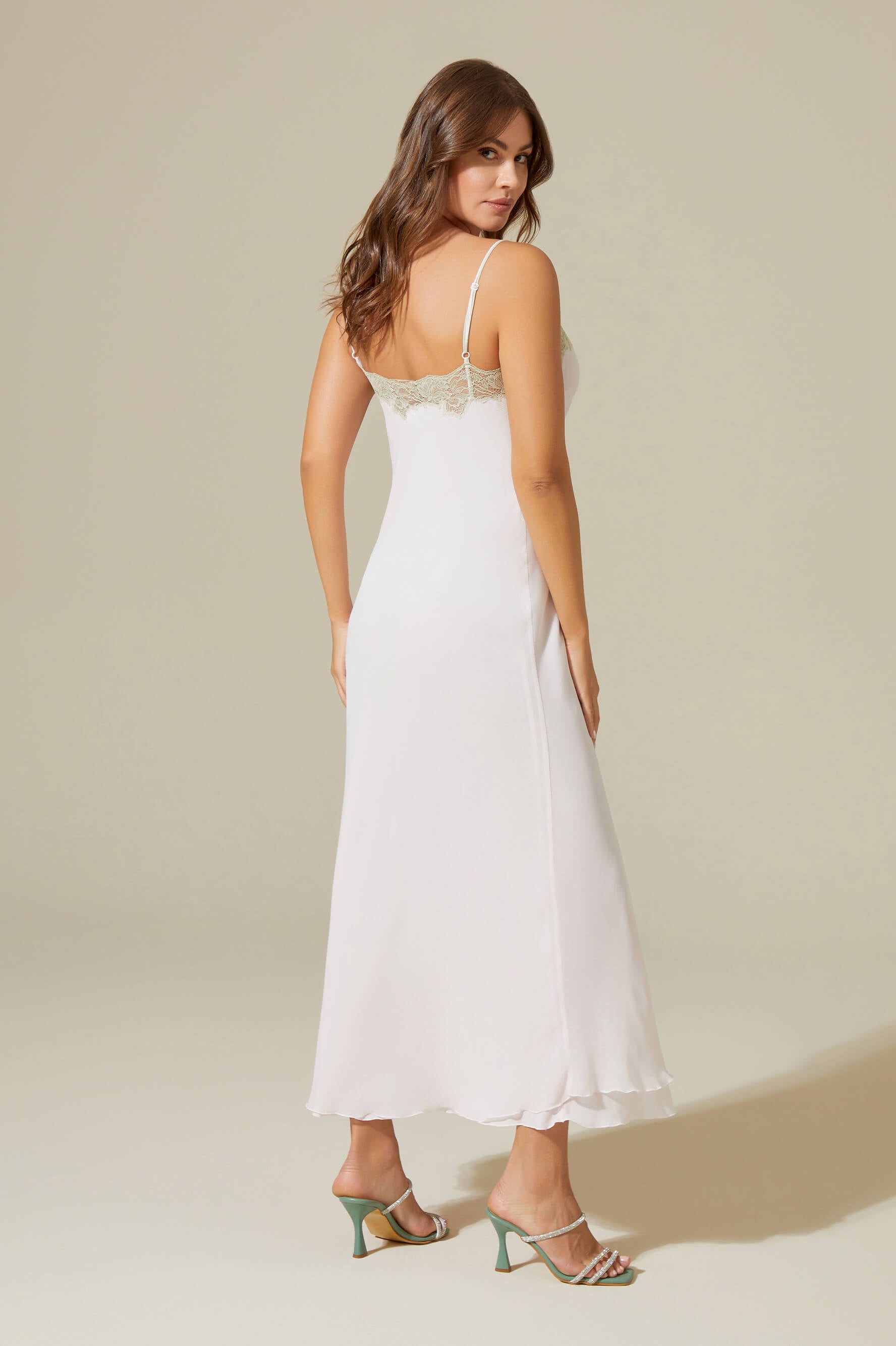 Carina Long Silky Chiffon Robe Set - Sage Green Lace on Light Pink