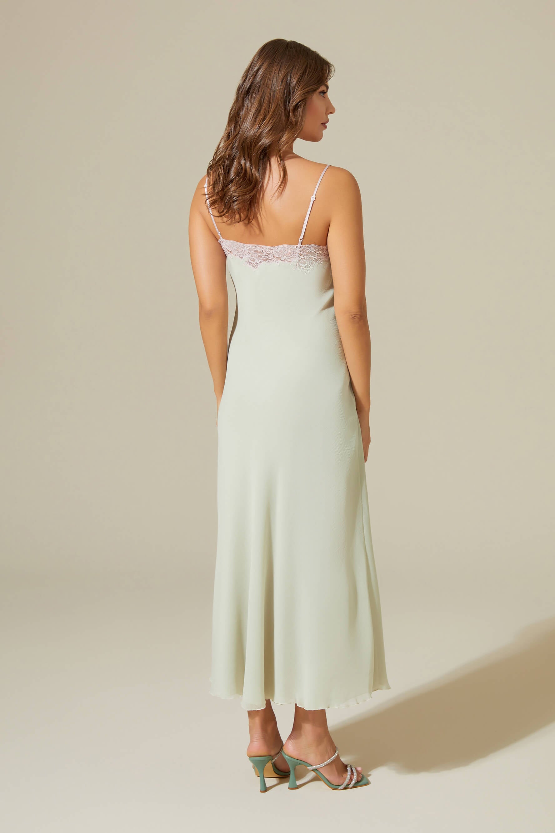 Darlene Long Double Layered Silky Chiffon Nightgown - Pink Lace on Sage Green