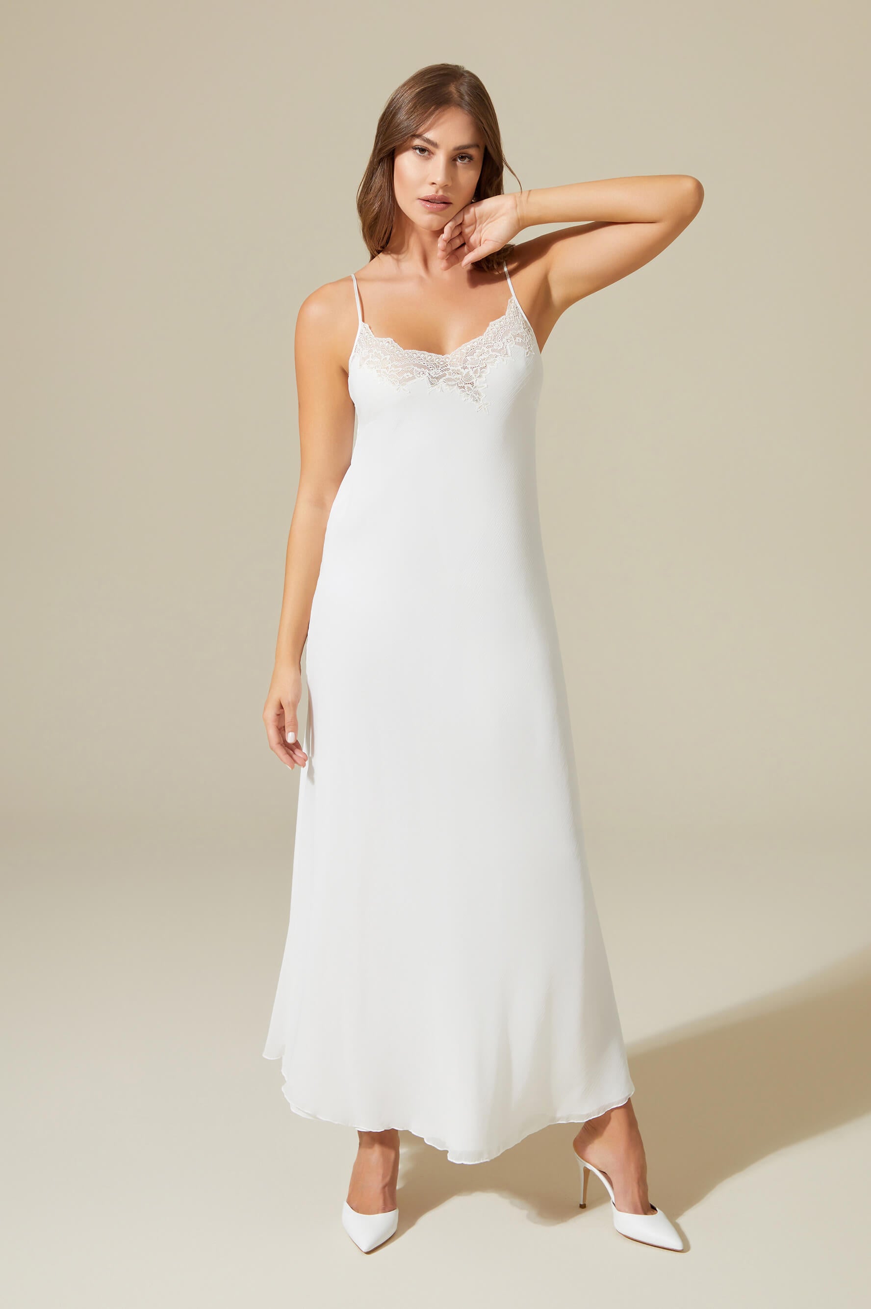 Elora Long Double Layered Silky Chiffon Nightgown - Golden Lace detail on White