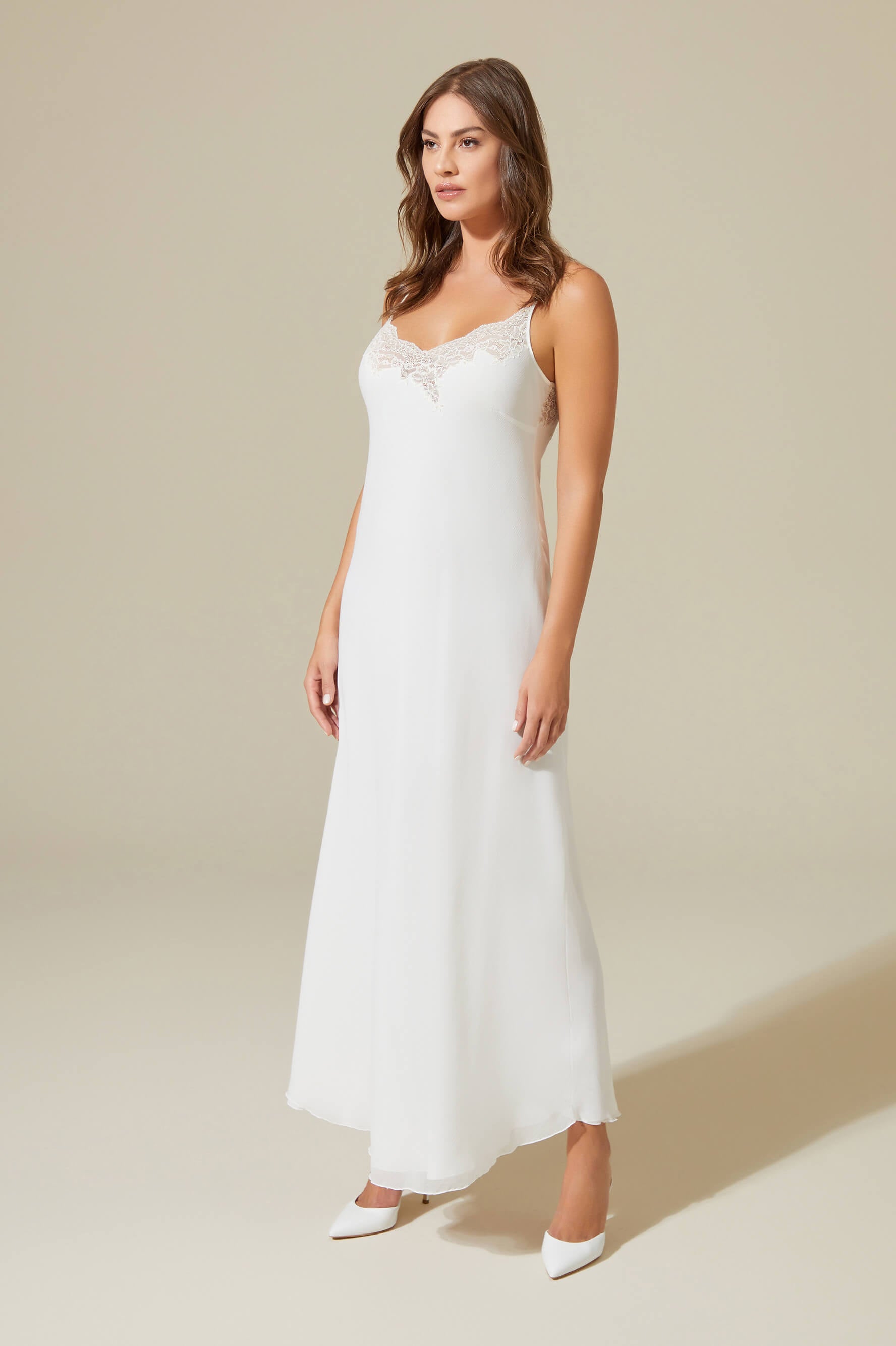 Ora - Long Silky Chiffon Robe Set - Golden Lace detail on White