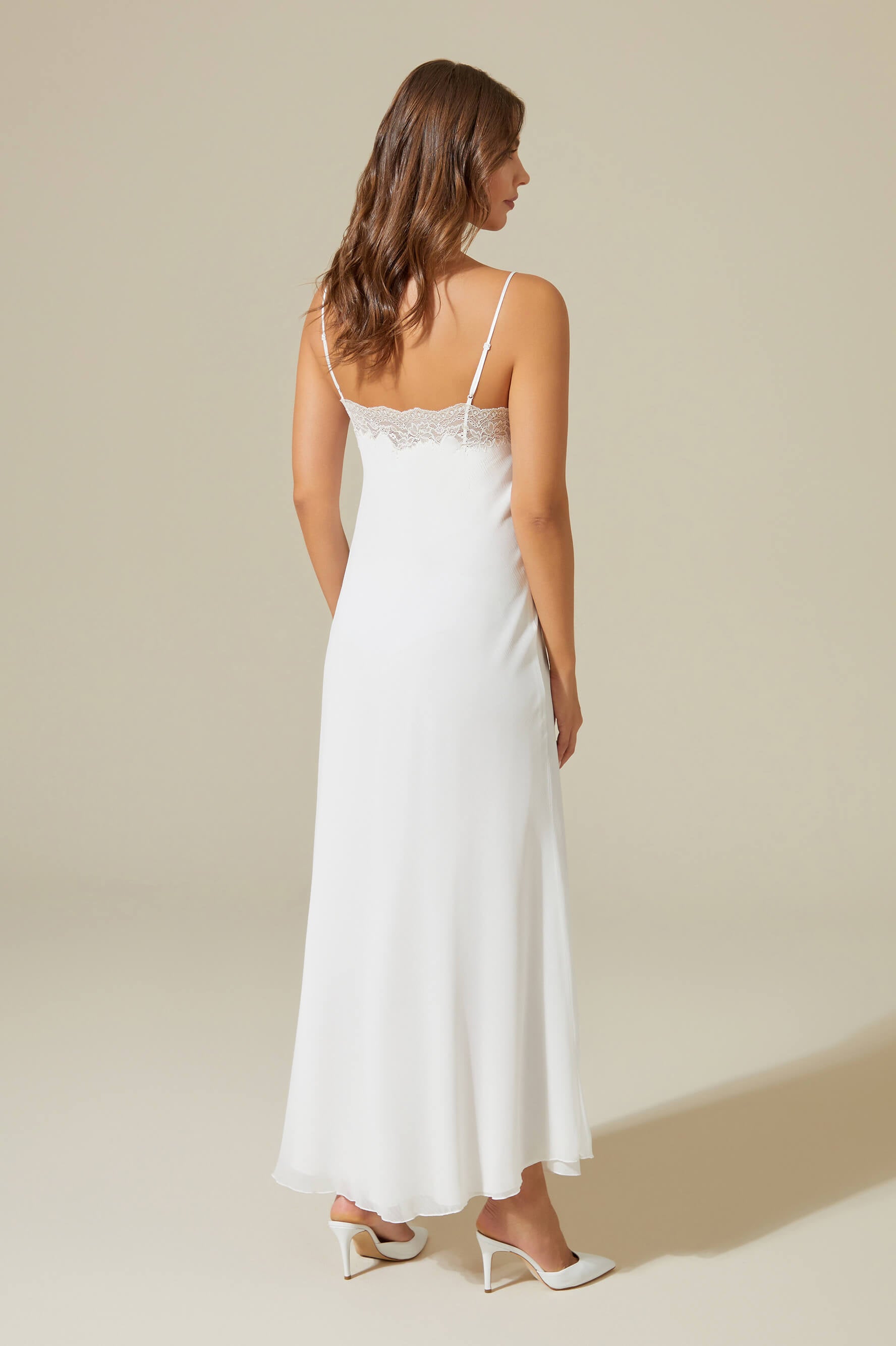 Ora - Long Silky Chiffon Robe Set - Golden Lace detail on White