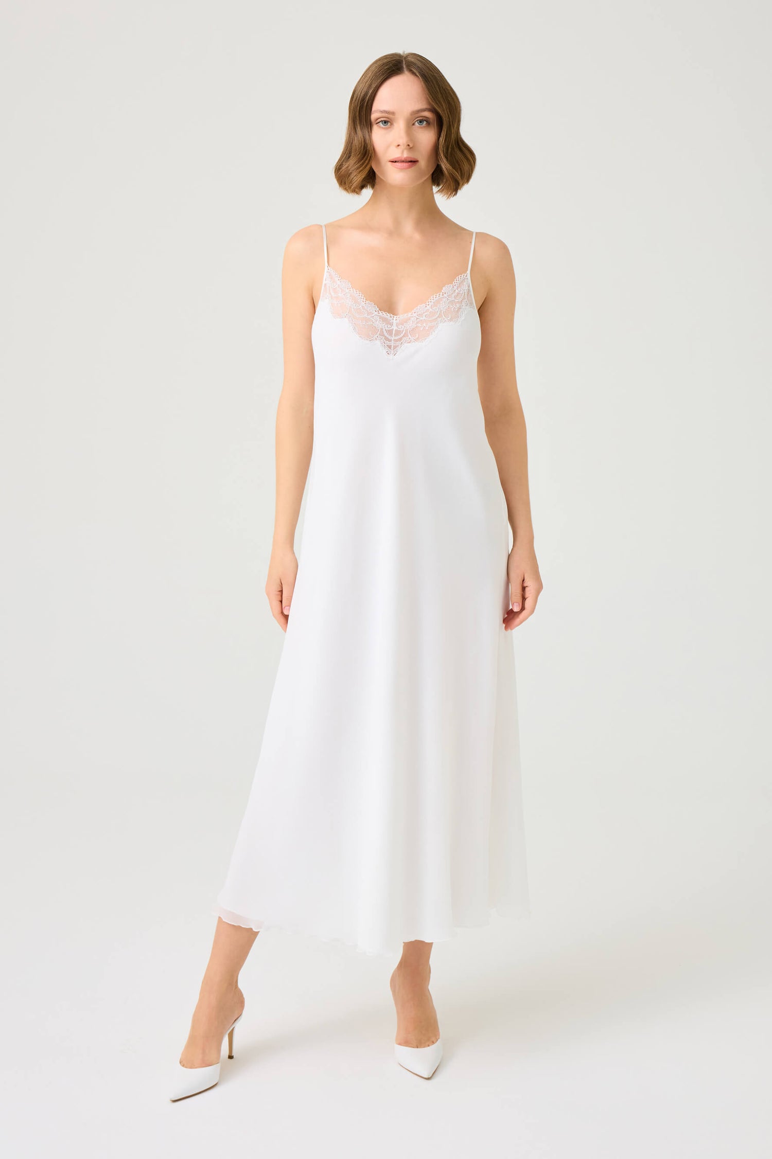 Elora Long Silky Chiffon Nightgown with Silver Lace on Off White