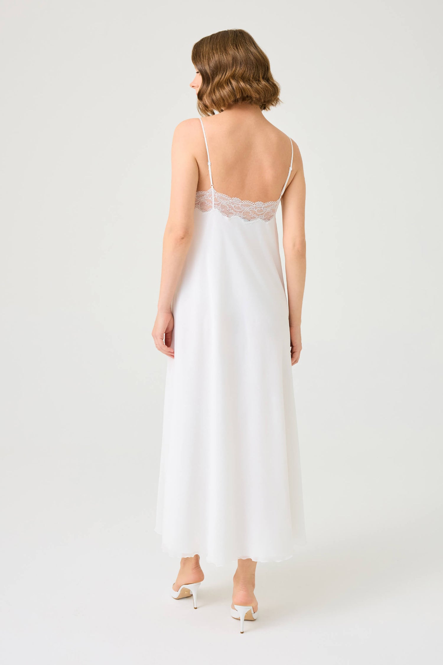 Elora Long Silky Chiffon Nightgown with Silver Lace on Off White