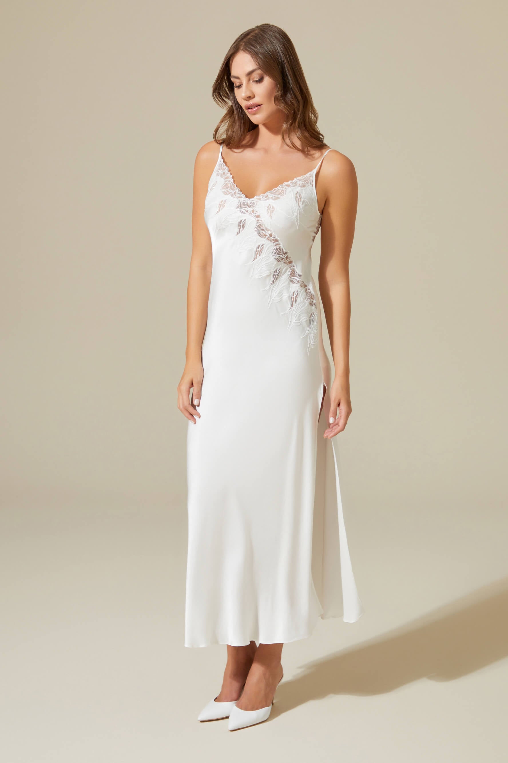 Mira Long Rayon Trimmed Rayon Nightgown - White on White