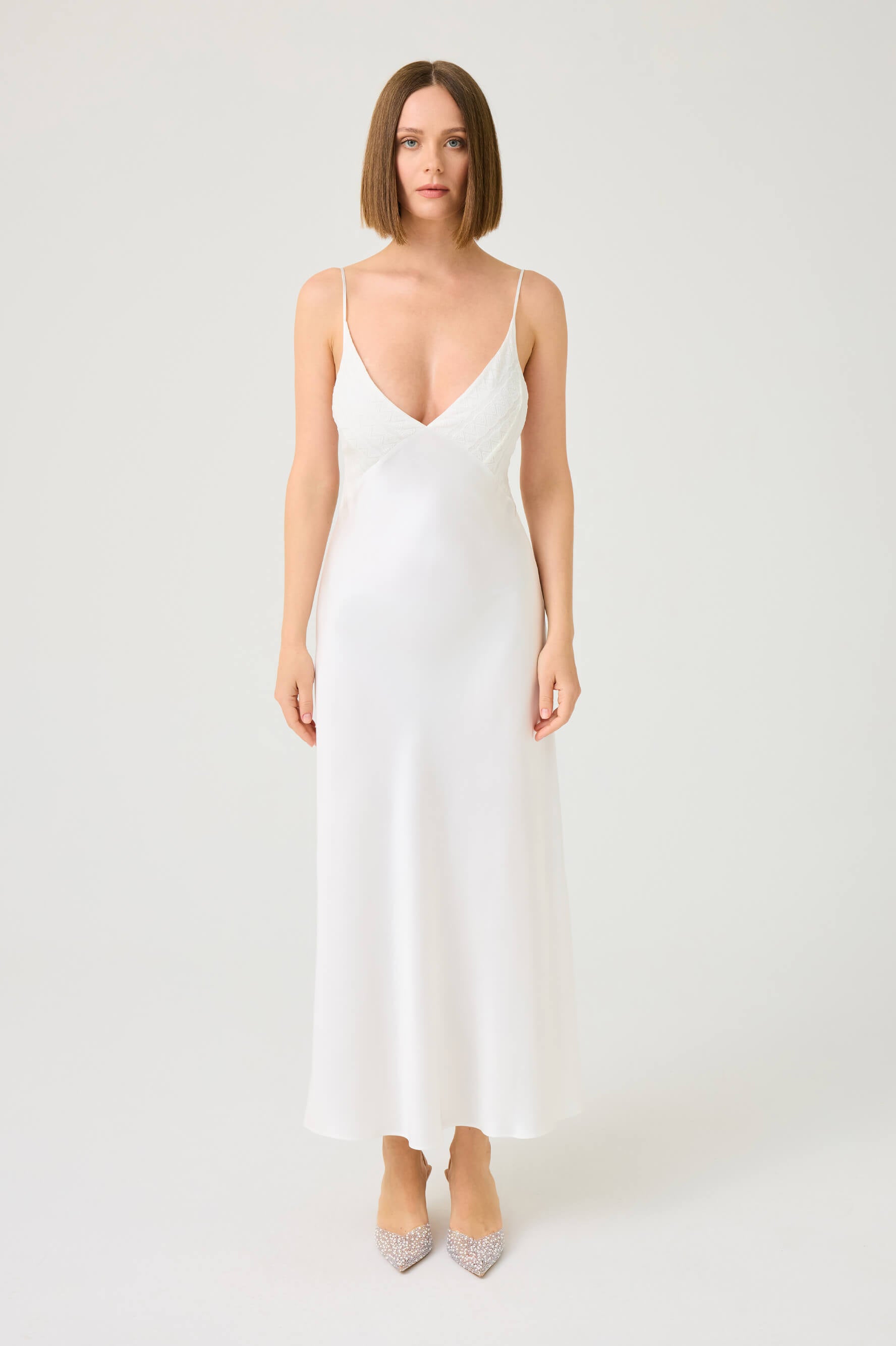 Sira Long Rayon Nightgown with Off White Lace on Off White