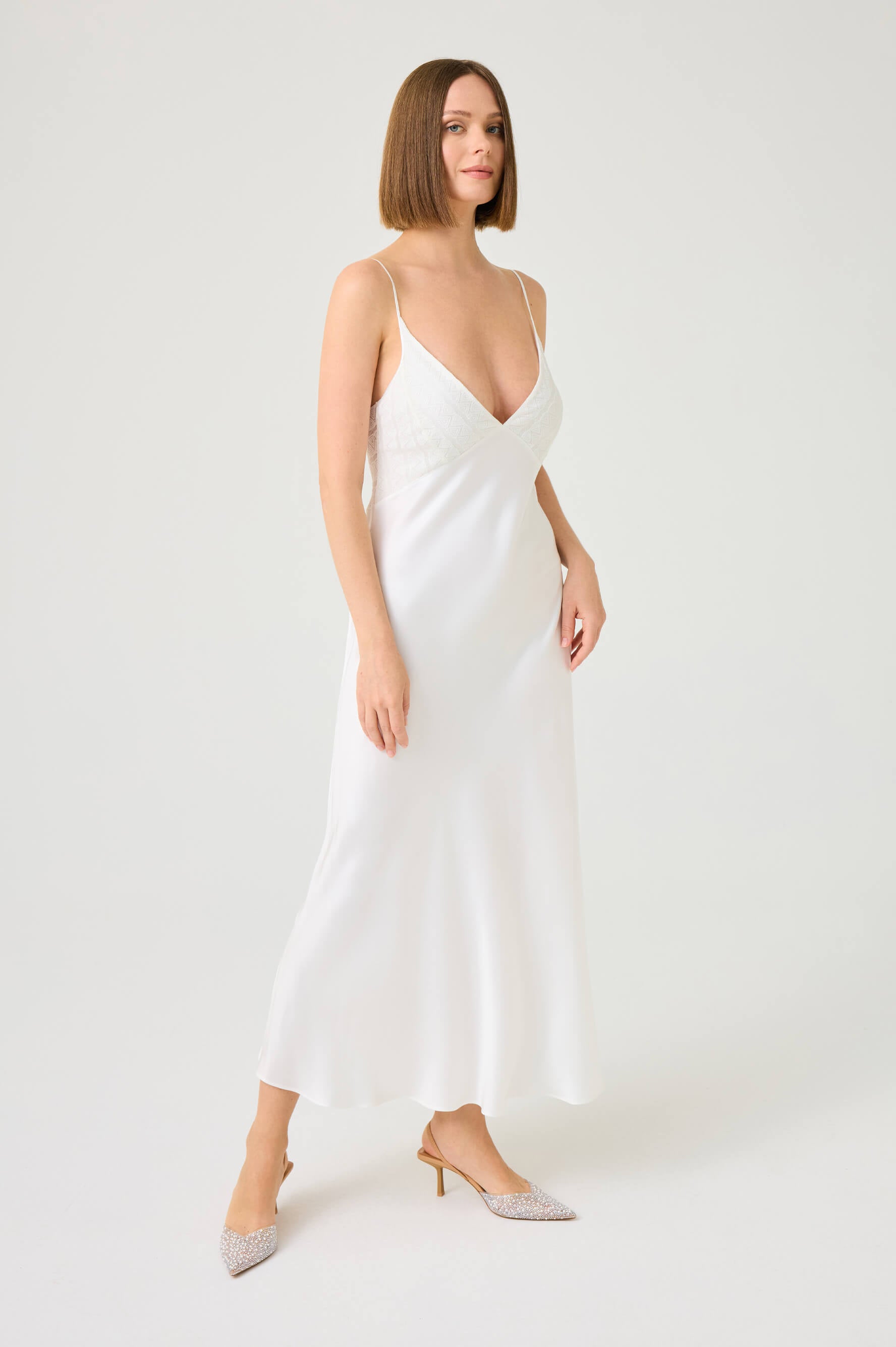 Sira Long Rayon Nightgown with Off White Lace on Off White