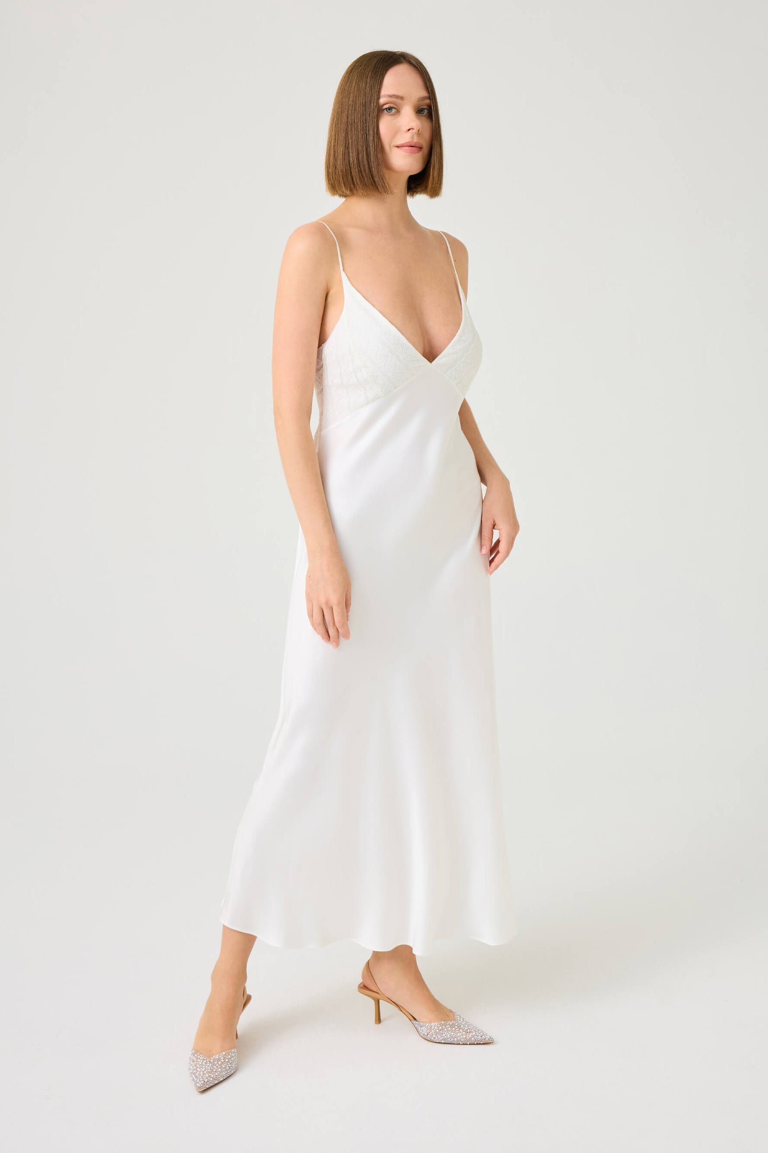 Sira Long Rayon Nightgown with Off White Lace on Off White