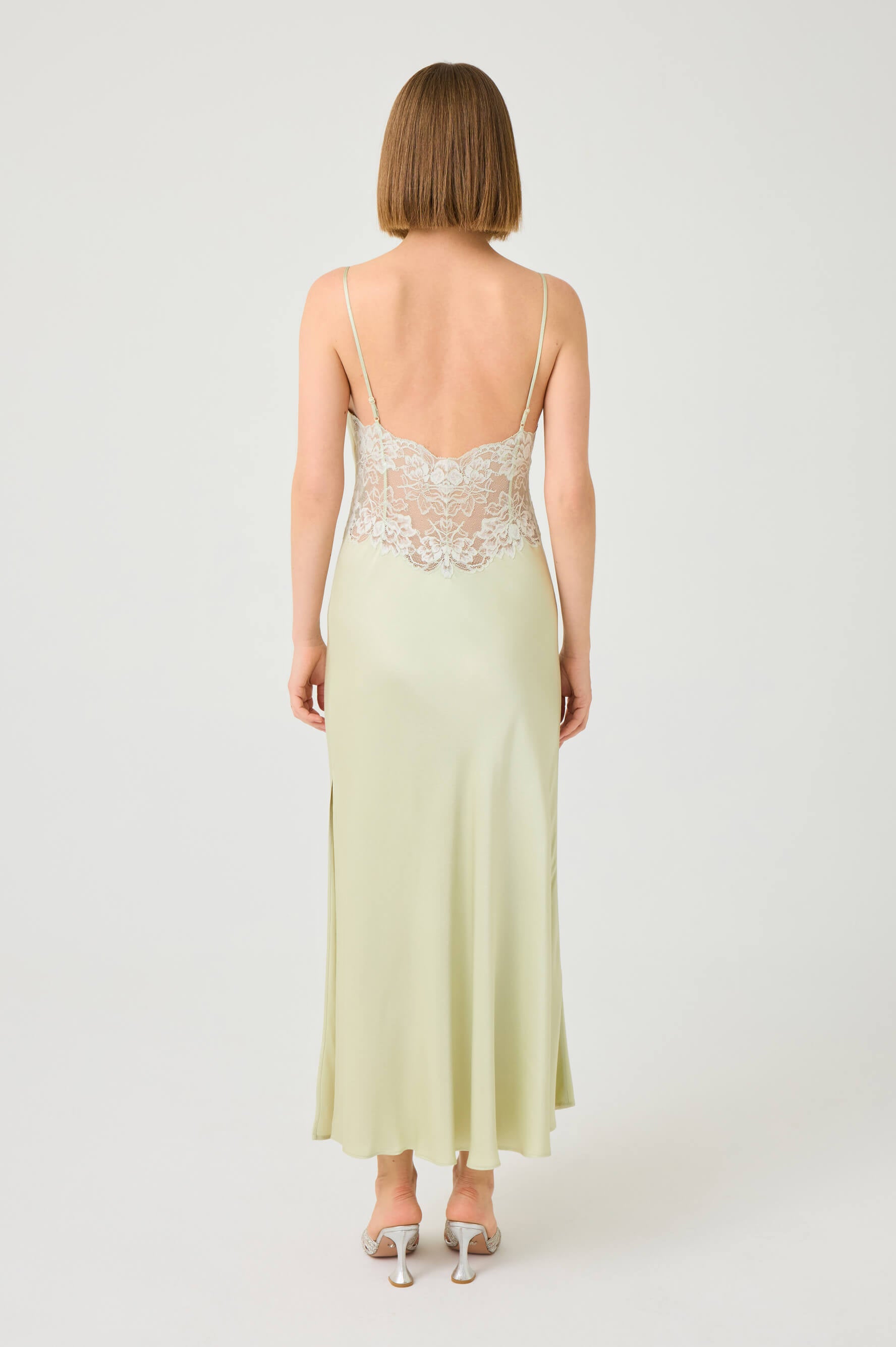 Caroline Long Rayon Nightgown with Light Green Lace on Light Green