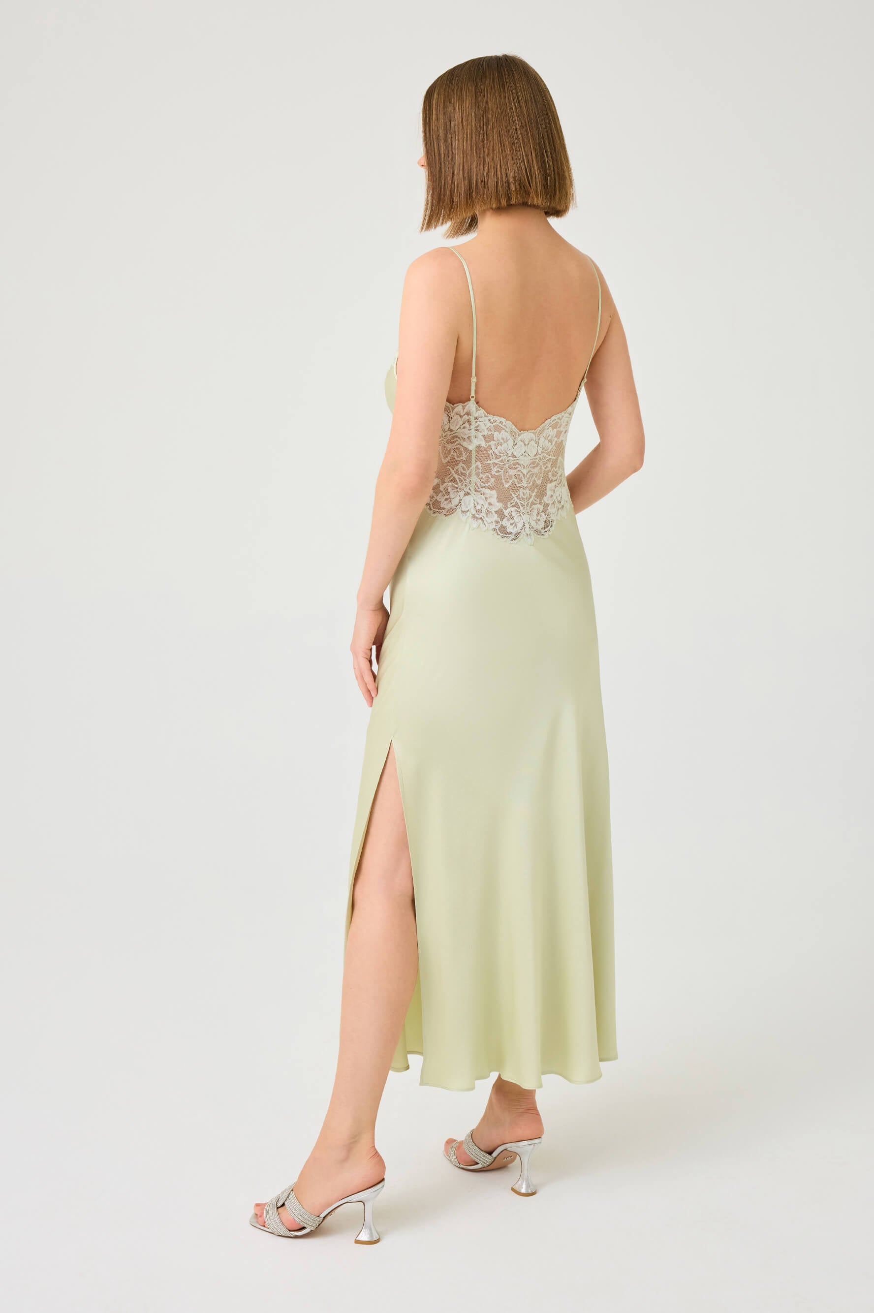 Caroline Long Rayon Nightgown with Light Green Lace on Light Green