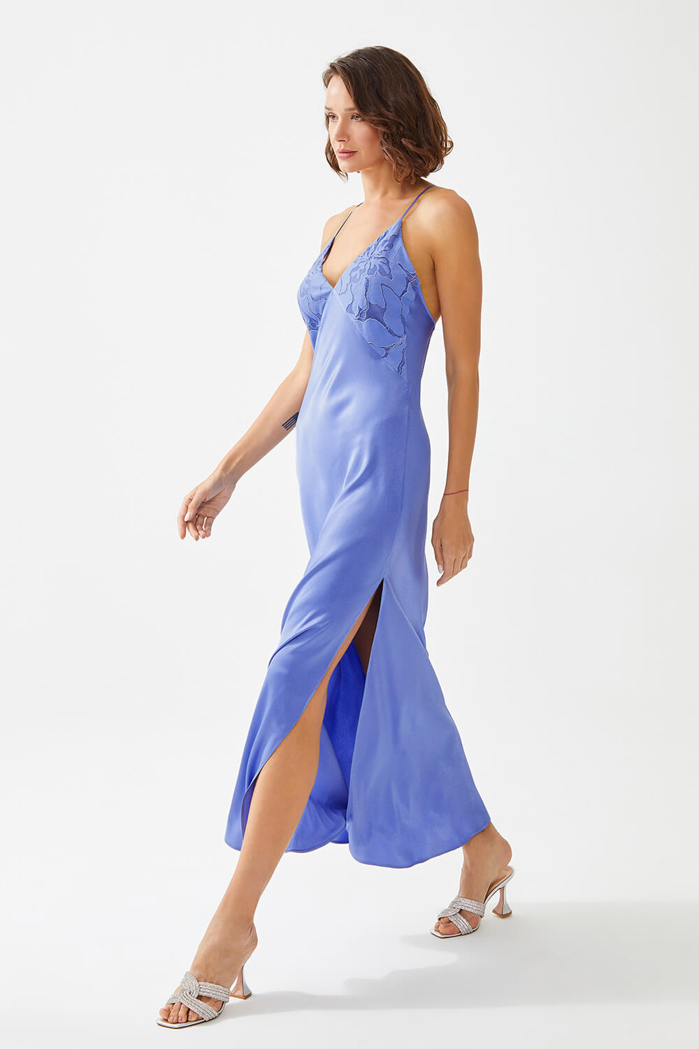 Bluebell Long Rayon Trimmed Robe Set with Bias Cut Slip Dress - Lilac